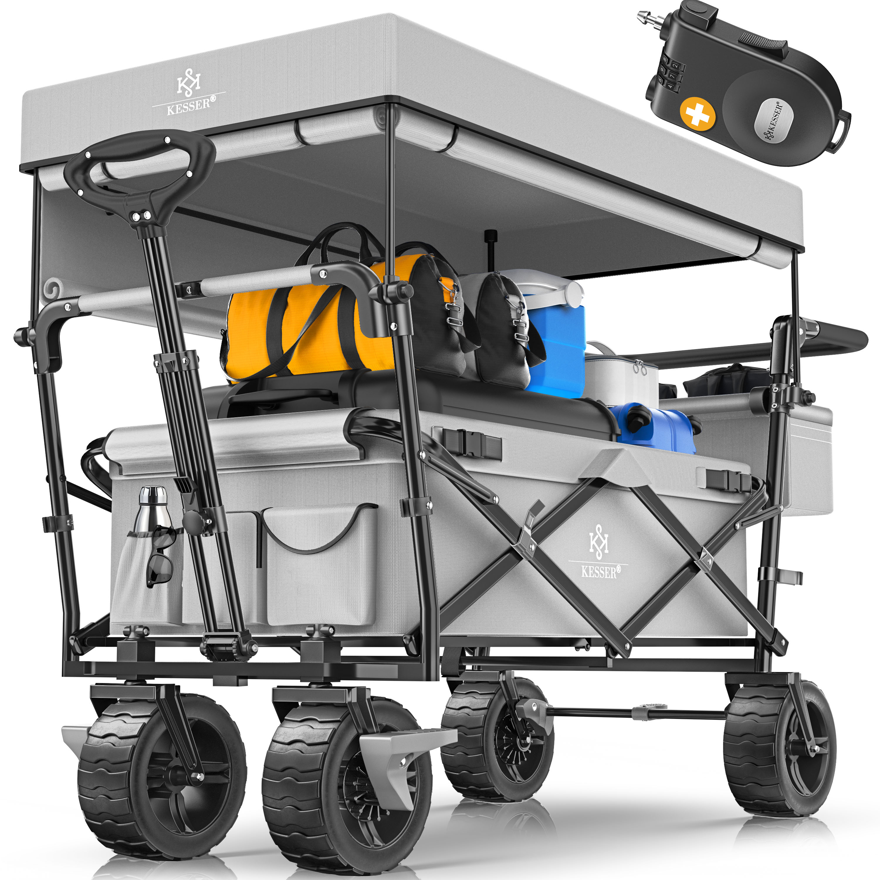 KESSER&reg; Bollerwagen faltbar GT9000 Handwagen mit Dach | Transportwagen max. belastbar bis 150kg mit Hartgummi-R&auml;der & Feststellbremsen (Vorne & Hinten) | Inkl. Schloss, Abdeckung, Wetter & Sichtschutz 