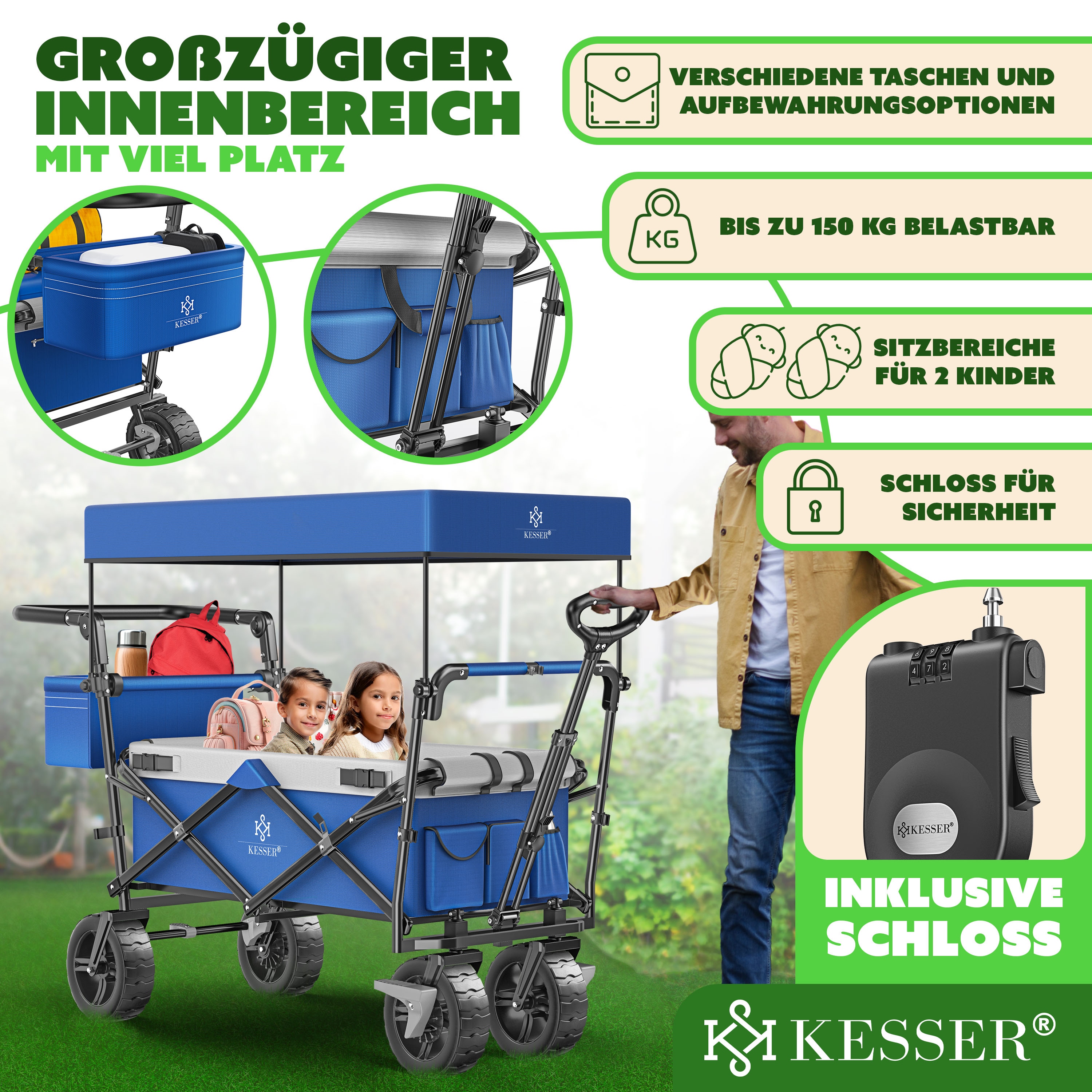 KESSER&reg; Bollerwagen faltbar GT9000 Handwagen mit Dach | Transportwagen max. belastbar bis 150kg mit Hartgummi-R&auml;der & Feststellbremsen (Vorne & Hinten) | Inkl. Abdeckung, Wetter & Sichtschutz 