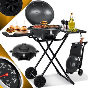KESSER® elektrischer Elektrogrill 2in1 Tischgrill - Standgrill mit Deckel und Standfuß | max. 2400 Watt | Faltbar | Thermometer | Antihaftbeschichtung | Grillplatte Abstelltische | 2 Räder | 