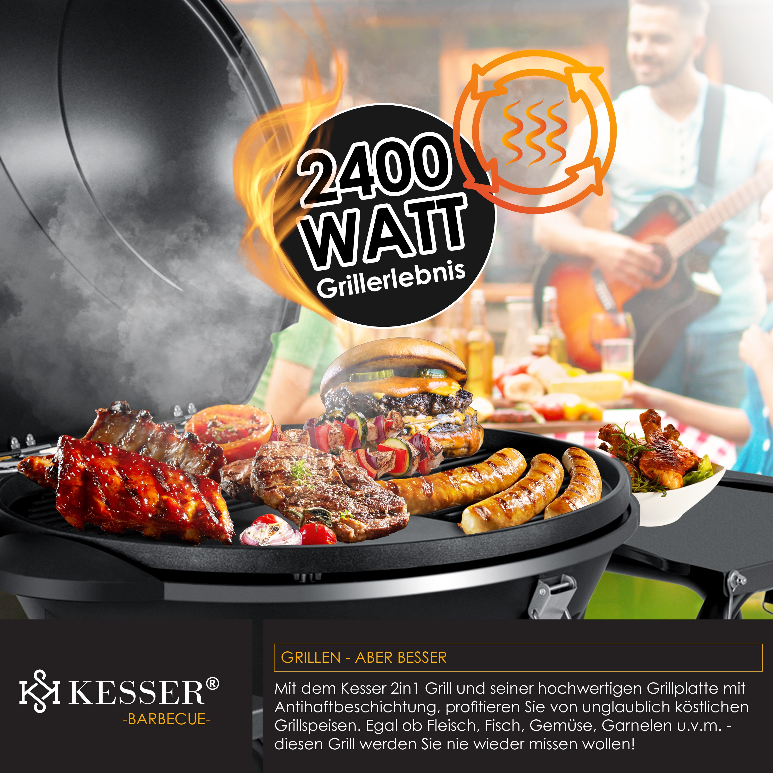 KESSER® elektrischer Elektrogrill 2in1 Tischgrill - Standgrill mit Deckel und Standfuß | max. 2400 Watt | Faltbar | Thermometer | Antihaftbeschichtung | Grillplatte Abstelltische | 2 Räder