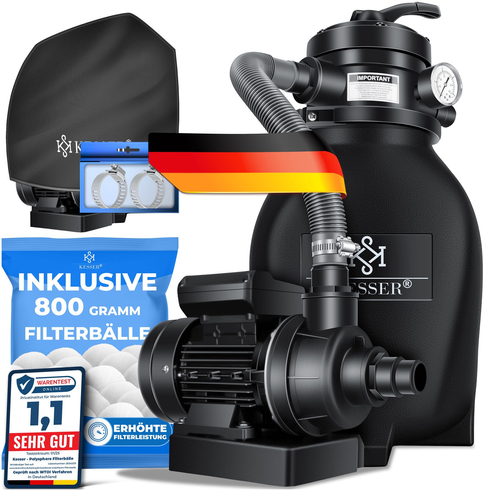 ® Sandfilter Sandfilteranlage +  Filterbälle ersetzen 25kg Filtersand- Poolfilter 10 m³/h Filteranlage Filterkessel für Pool Schwimmbecken 4-Wege Ventil , einfache Steuerung