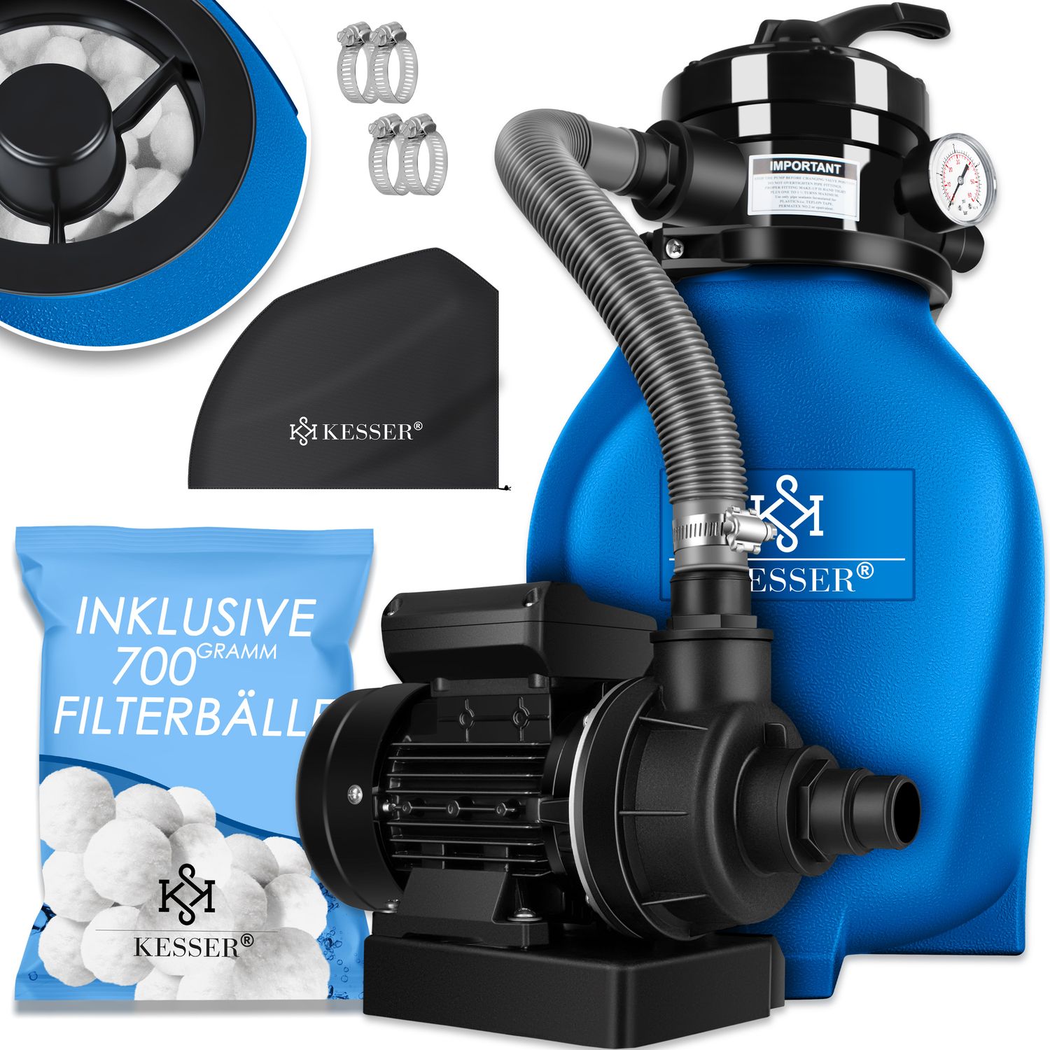 KESSER&reg; Sandfilter Sandfilteranlage + 800g Filterb&auml;lle ersetzen 25kg Filtersand- Poolfilter 10 m&sup3;/h Filteranlage Filterkessel f&uuml;r Pool Schwimmbecken 4-Wege Ventil , einfache Steuerung 