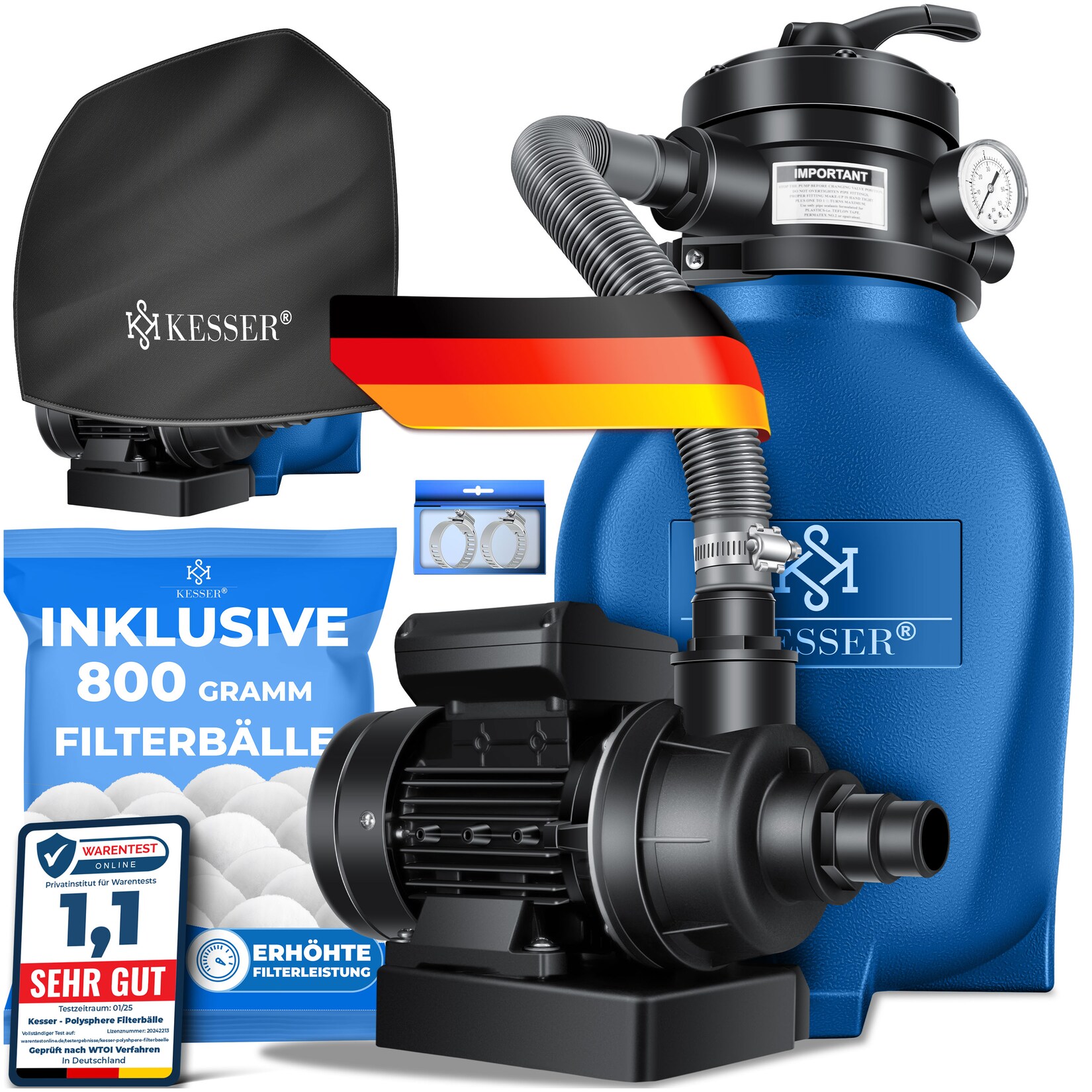 ® Sandfilter Sandfilteranlage +  Filterbälle ersetzen 25kg Filtersand- Poolfilter 10 m³/h Filteranlage Filterkessel für Pool Schwimmbecken 4-Wege Ventil , einfache Steuerung