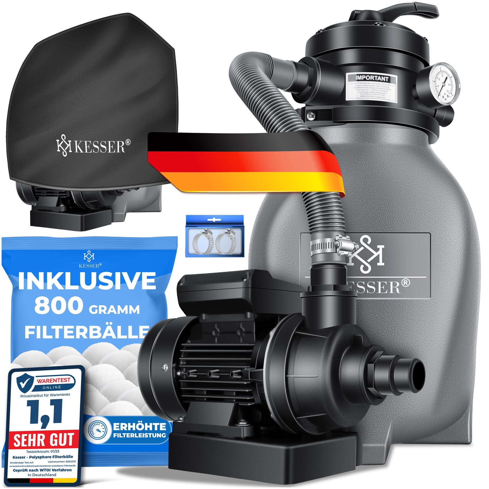 ® Sandfilter Sandfilteranlage +  Filterbälle ersetzen 25kg Filtersand- Poolfilter 10 m³/h Filteranlage Filterkessel für Pool Schwimmbecken 4-Wege Ventil , einfache Steuerung