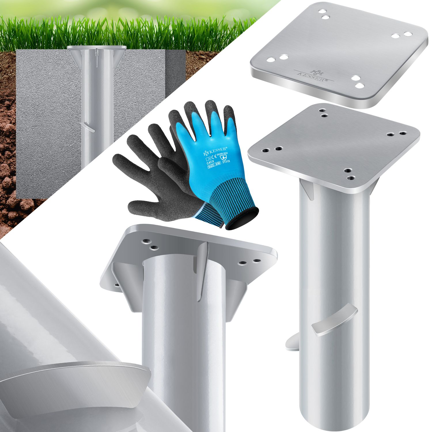 KESSER&reg; Metall Universal Bodenplatte Sonnenschirmst&auml;nder f&uuml;r Sonnenschirm - Ampelschirm - Kurbelschirm | Bodenanker, Inkl. Handschuhe  | 16 x 16 cm 