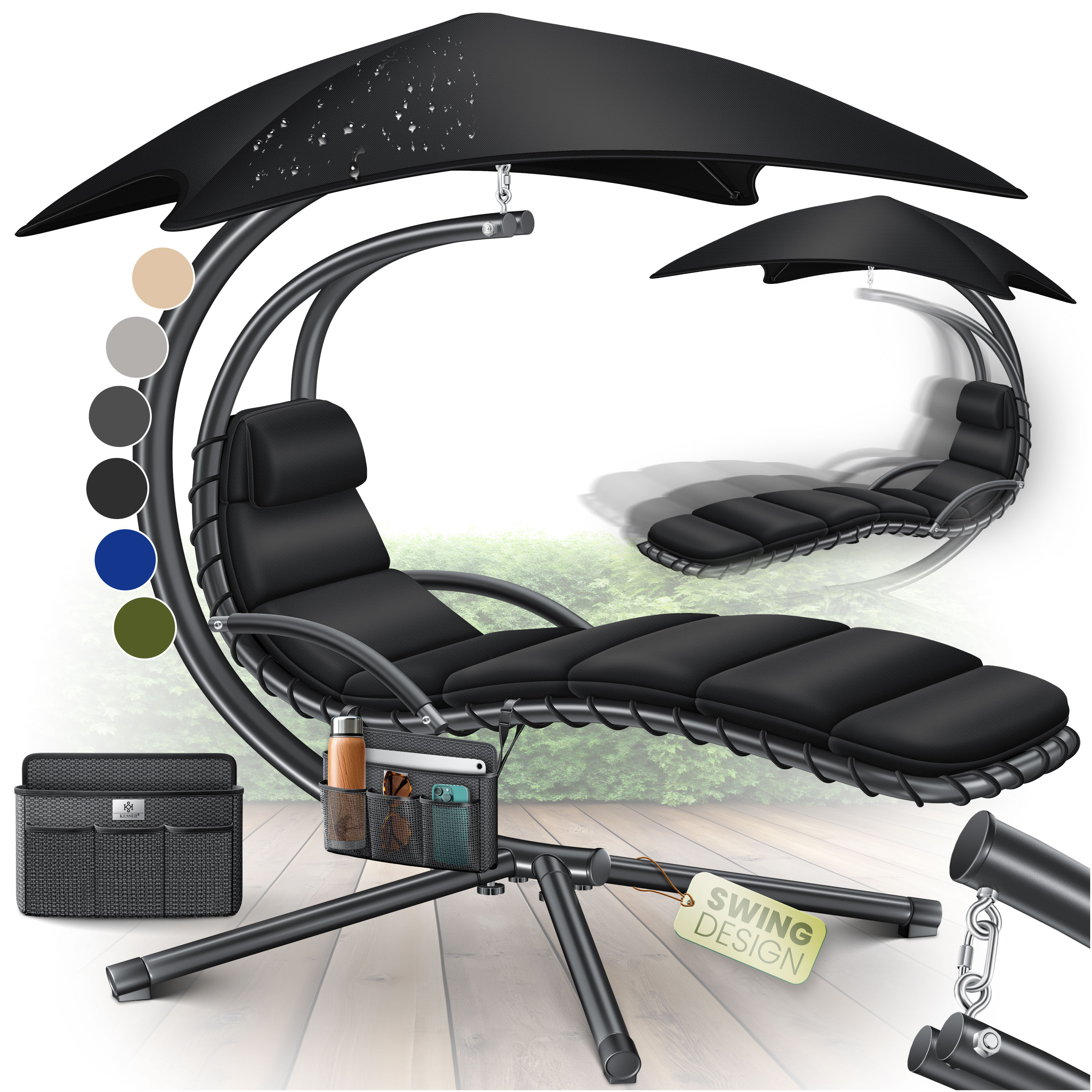KESSER&reg; Schwebeliege mit Sonnenschirm, H&auml;ngeliege , Sonnenliege H200, L194, B100 cm, Relaxliege, Schaukelliege H&auml;ngematte , bis 120 kg belastbar , Schaukelliege, Auflagen - Nackenkissen 