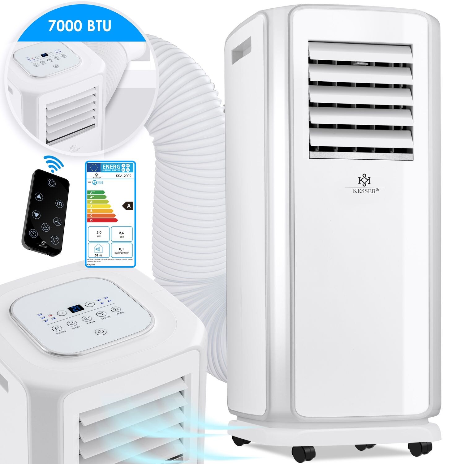 KESSER&reg; &ndash; Klimaanlage Mobiles Klimager&auml;t 4in1 k&uuml;hlen, Luftentfeuchter, l&uuml;ften, Ventilator - 7000 BTU/h (2.000 Watt) - Klima mit Montagematerial, Fernbedienung und 24h Timer, Nachtmodus (EEK: A) 