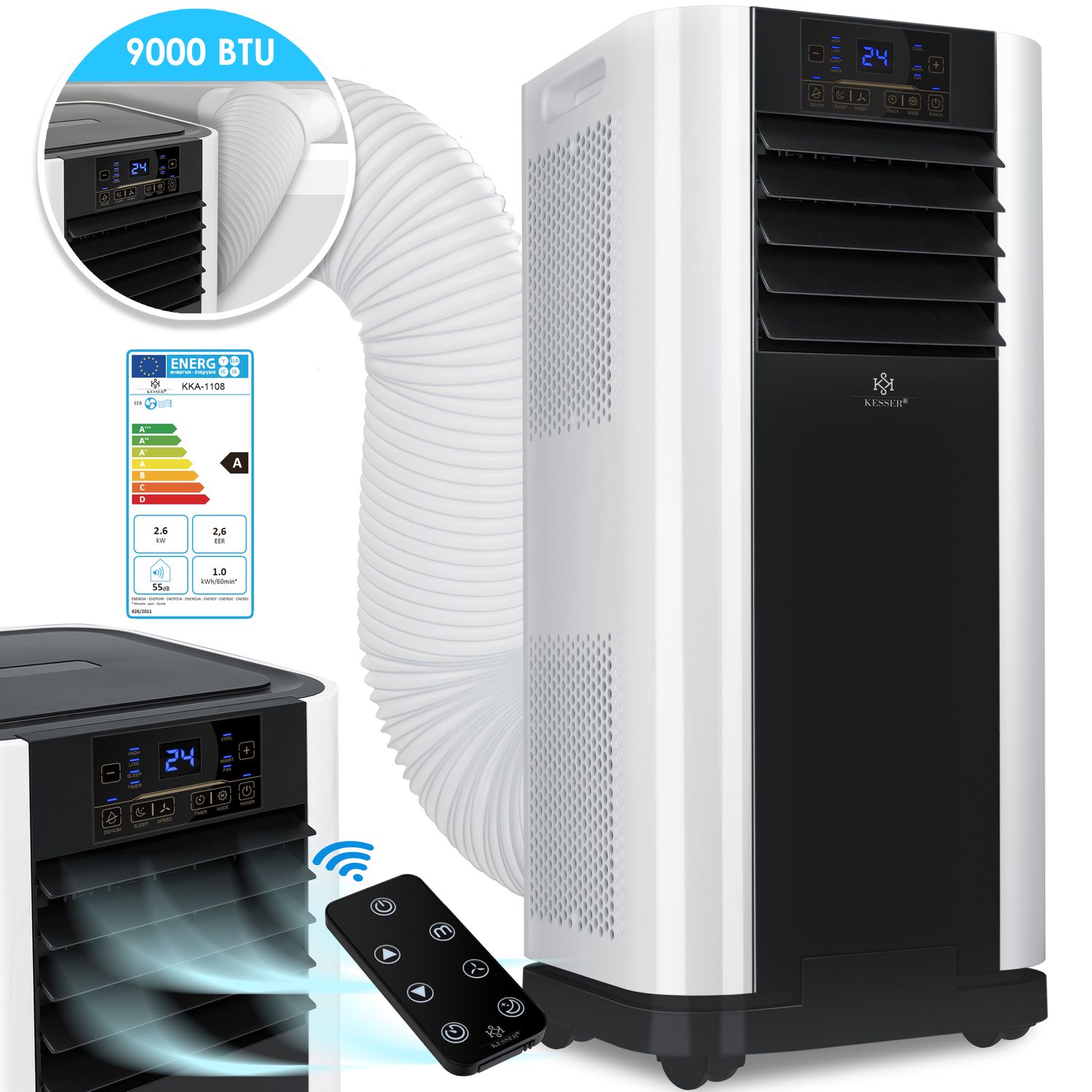 KESSER&reg; - Klimaanlage Mobiles Klimager&auml;t 4in1 k&uuml;hlen, Luftentfeuchter, l&uuml;ften, Ventilator - 9000 BTU/h (2.600 Watt) 2,6KW - Klima mit Montagematerial, Fernbedienung und Timer, Nachtmodus (EEK: A) 