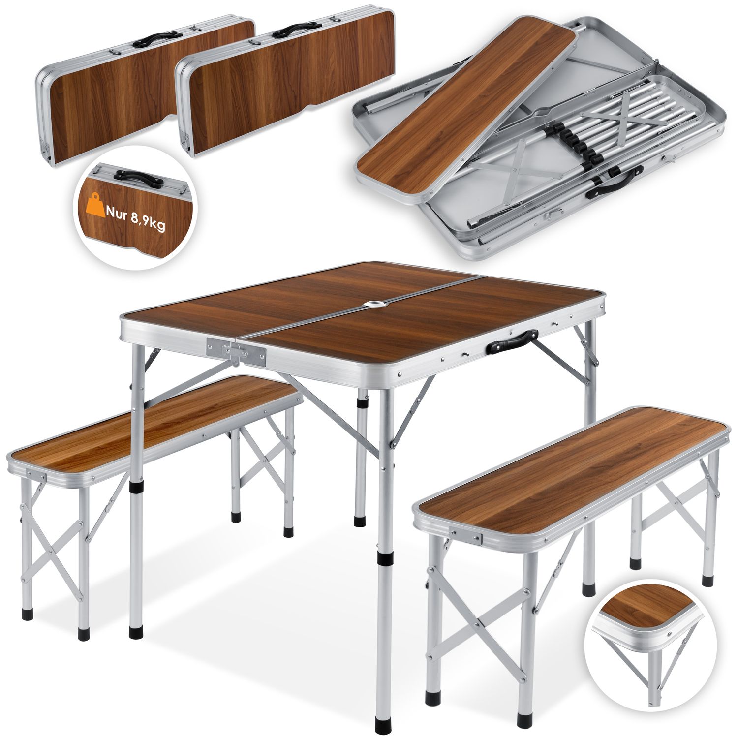 KESSER&reg; - Koffertisch mit 2 Sitzb&auml;nke 3tlg Campingm&ouml;bel Set Aluminium | Totalma&szlig;e geklappt 91x10x34 cm | Campingtisch Klapptisch Picknick | Inkl. Schirmhalterung | Tragegriff | MDF | Klappbar 