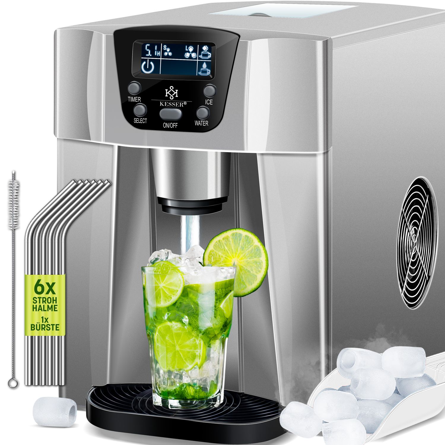 KESSER&reg; Eisw&uuml;rfelbereiter | Eisw&uuml;rfelmaschine Edelstahl | 100W  Ice Maker | 12 kg 24 h | 2 W&uuml;rfelgr&ouml;&szlig;en | Zubereitung in 6 min | 2 Liter Wassertank | Timer | LCD-Display | Wassertank 