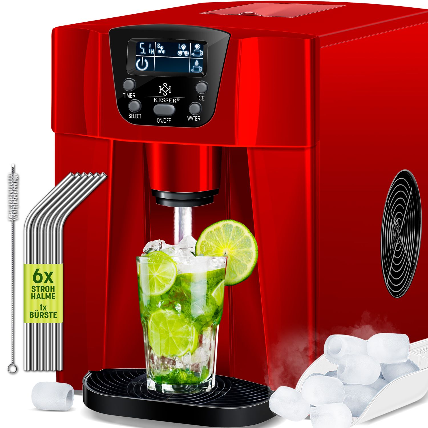 KESSER&reg; Eisw&uuml;rfelbereiter | Eisw&uuml;rfelmaschine Edelstahl | 100W  Ice Maker | 12 kg 24 h | 2 W&uuml;rfelgr&ouml;&szlig;en | Zubereitung in 6 min | 2 Liter Wassertank | Timer | LCD-Display | Wassertank 
