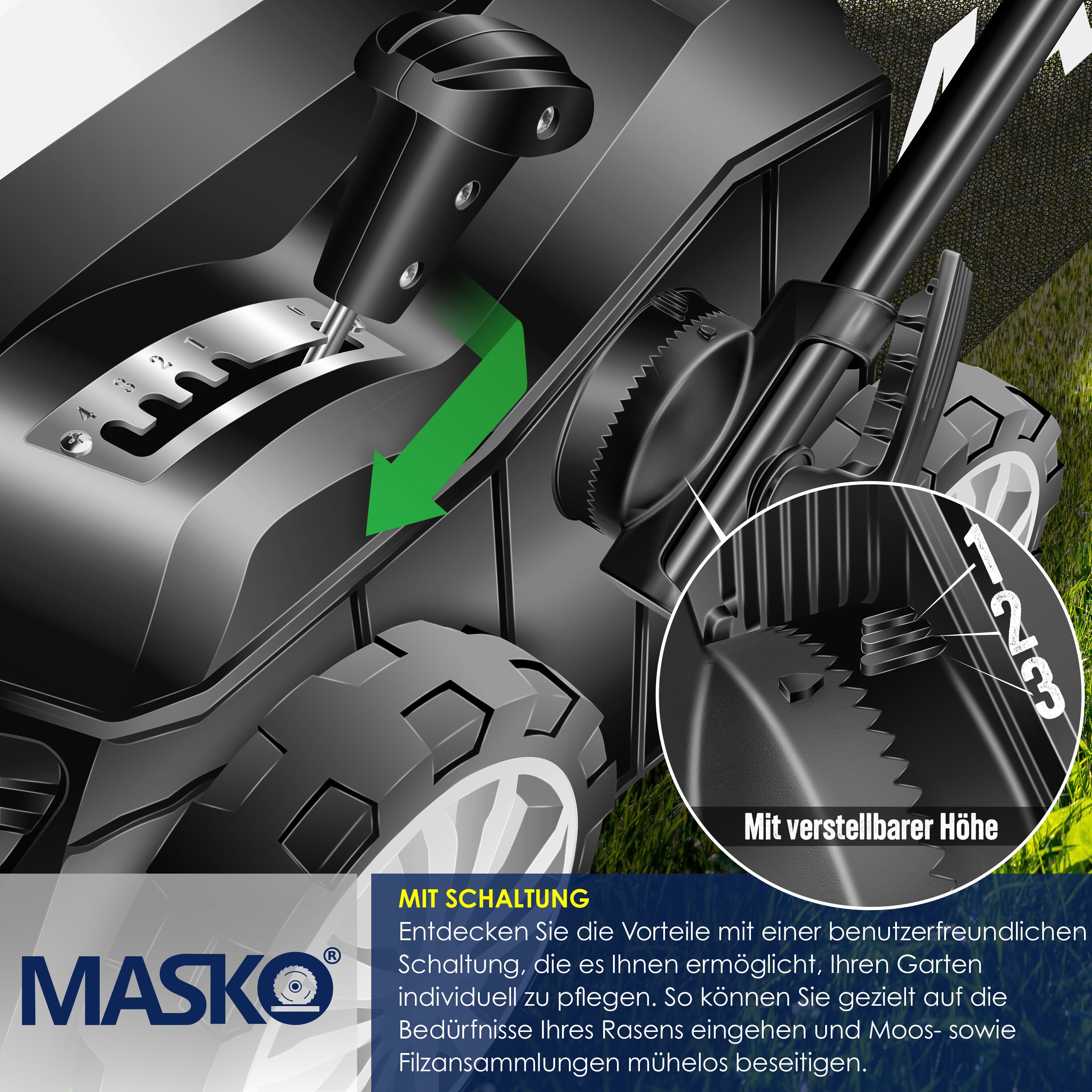 MZK Elektro-Vertikutierer & Rasenlüfter 2-in-1 – 38 Cm Arbeitsbreite, 3700 U/min, 5-fache Höhenverstellung, 45 L Fangkorb, 12,4 Kg, Klappbar – Für Gesunden Rasen