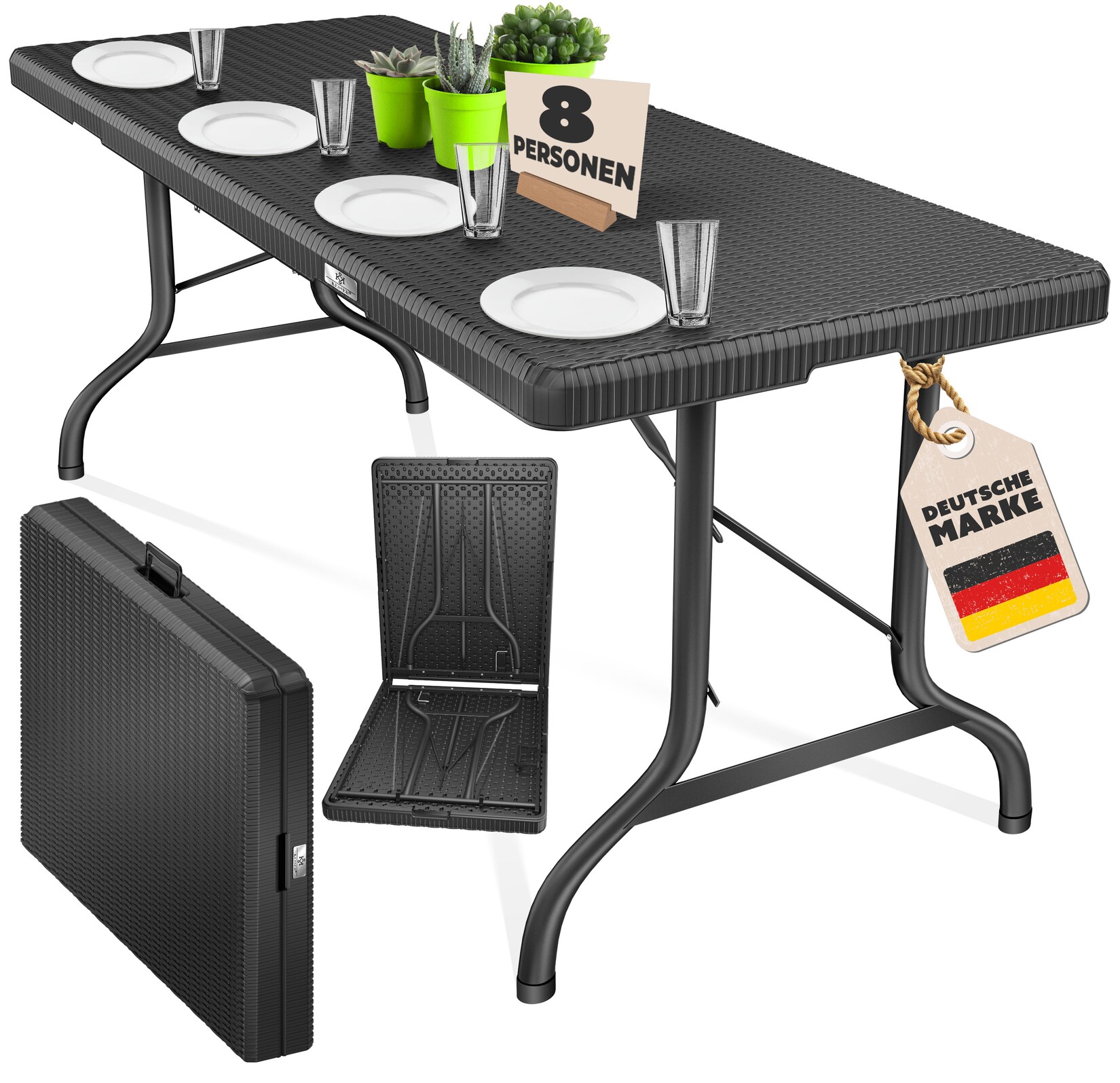 ® Buffettisch Tisch klappbar Kunststoff 183x76 cm Rattan Optik Campingtisch Partytisch Klapptisch Gartentisch für Garten Terrasse und Balkon zusammenklappbar 6 Personen ink. Tragegriff