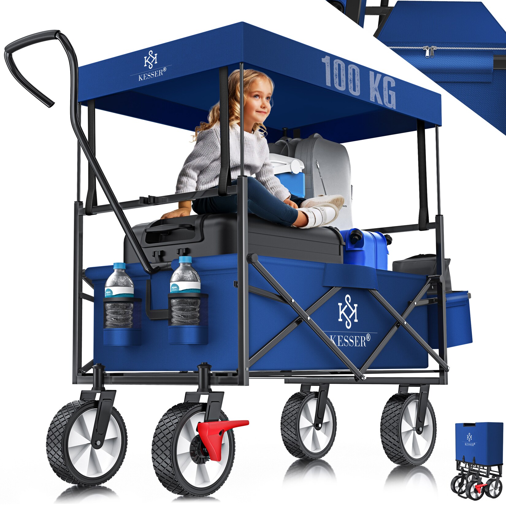 ® Bollerwagen faltbar mit Dach Handwagen Transportkarre Gerätewagen   inkl. 2 Netztaschen und Einer Außentasche   klappbar   Vollgummi-Reifen   bis  Tragkraft   Mit Vorderrad-Bremse