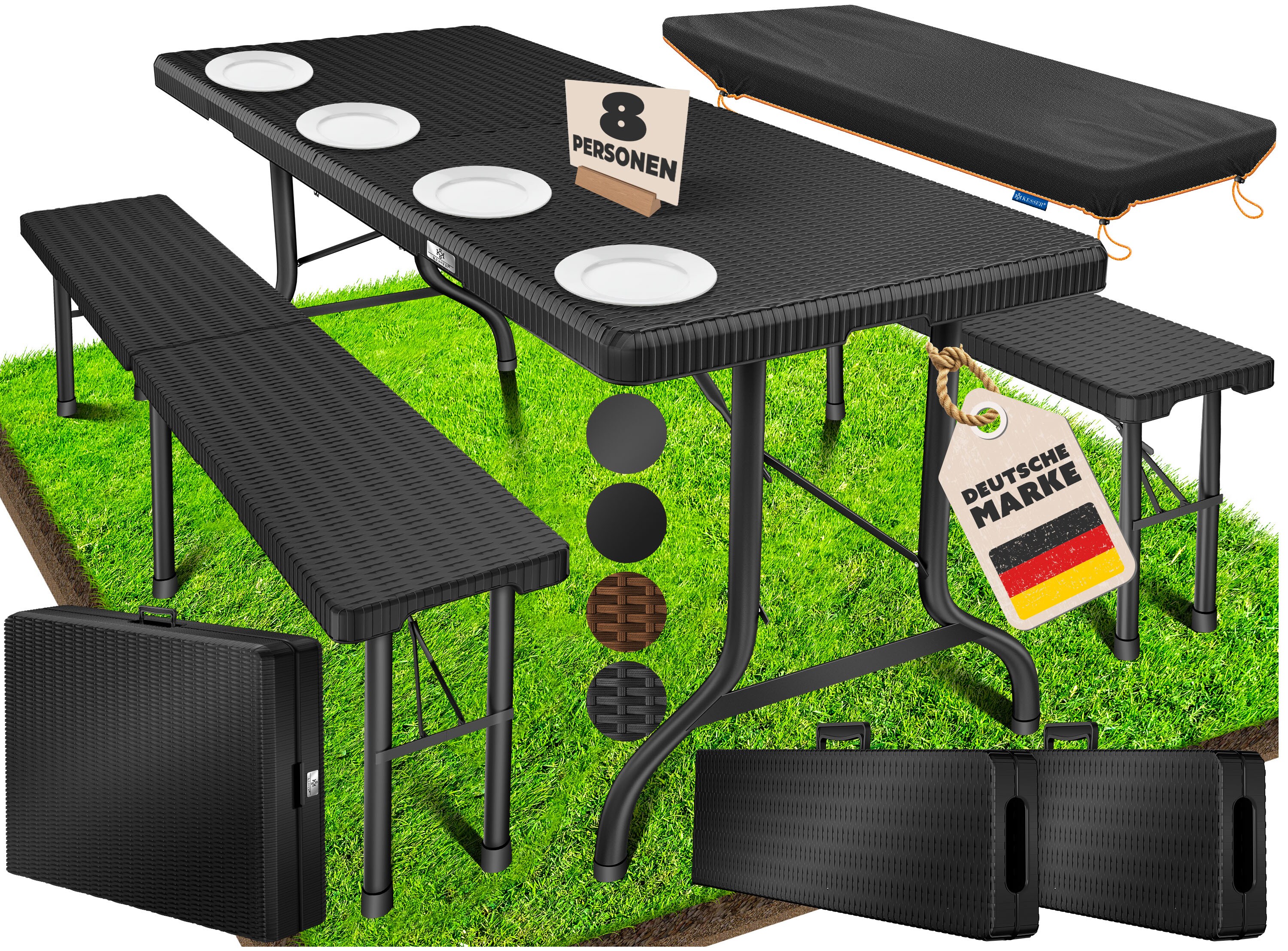 KESSER&reg; Bierzeltgarnitur 3-teilig Set Tisch & 2x Bank | Buffettisch f&uuml;r drinnen & drau&szlig;en Gartengarnitur klappbar 183x76x74cm Kunststoff Klapptisch Gartentisch inkl. Abdeckung & Tragegriffe 