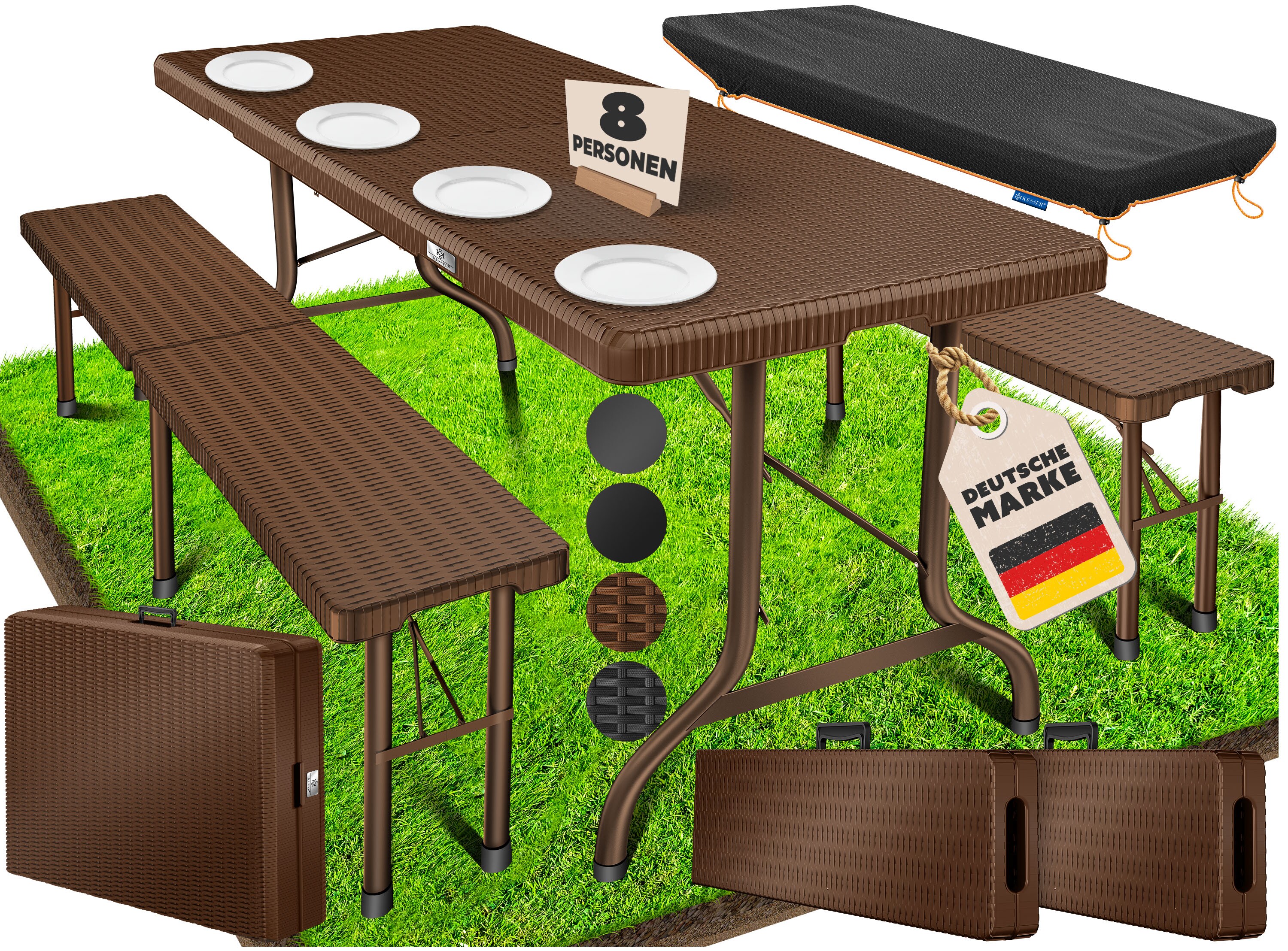 KESSER&reg; Bierzeltgarnitur 3-teilig Set Tisch & 2x Bank | Buffettisch f&uuml;r drinnen & drau&szlig;en Gartengarnitur klappbar 183x76x74cm Kunststoff Klapptisch Gartentisch inkl. Abdeckung & Tragegriffe 