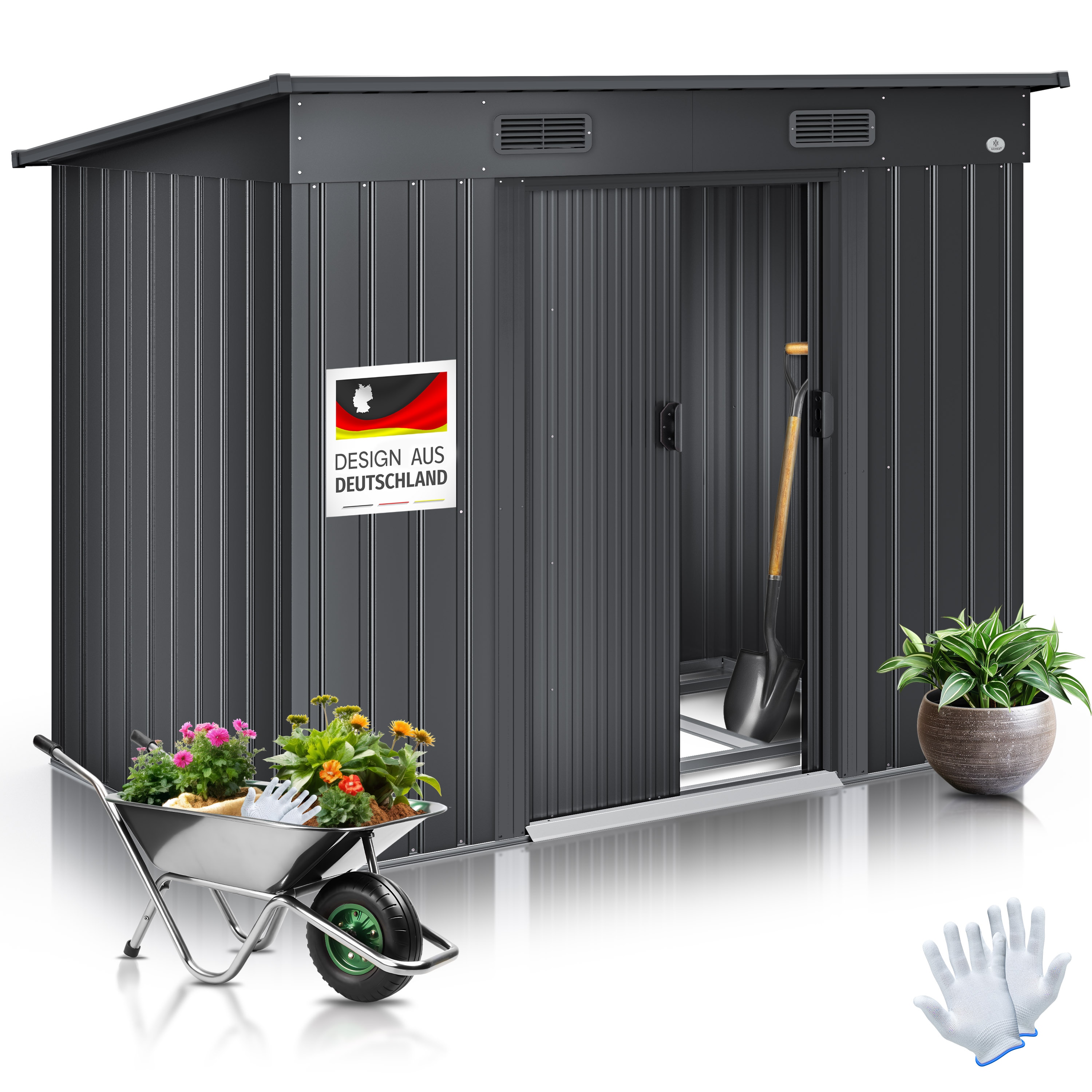 KESSER&reg; - Ger&auml;tehaus L Metall 4 m&sup3; mit Fundament | 210x122x186 cm | 2x Schiebet&uuml;r & Fundament | Ger&auml;teschuppen | Gartenhaus Schrank | Pultdach Garten Schuppen | Inkl. Arbeitshandschuhe 