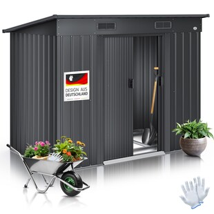 KESSER® - Gerätehaus L Metall 4 m³ mit Fundament | 210x122x186 cm | 2x Schiebetür & Fundament | Geräteschuppen | Gartenhaus Schrank | Pultdach Garten Schuppen | Inkl. Arbeitshandschuhe 