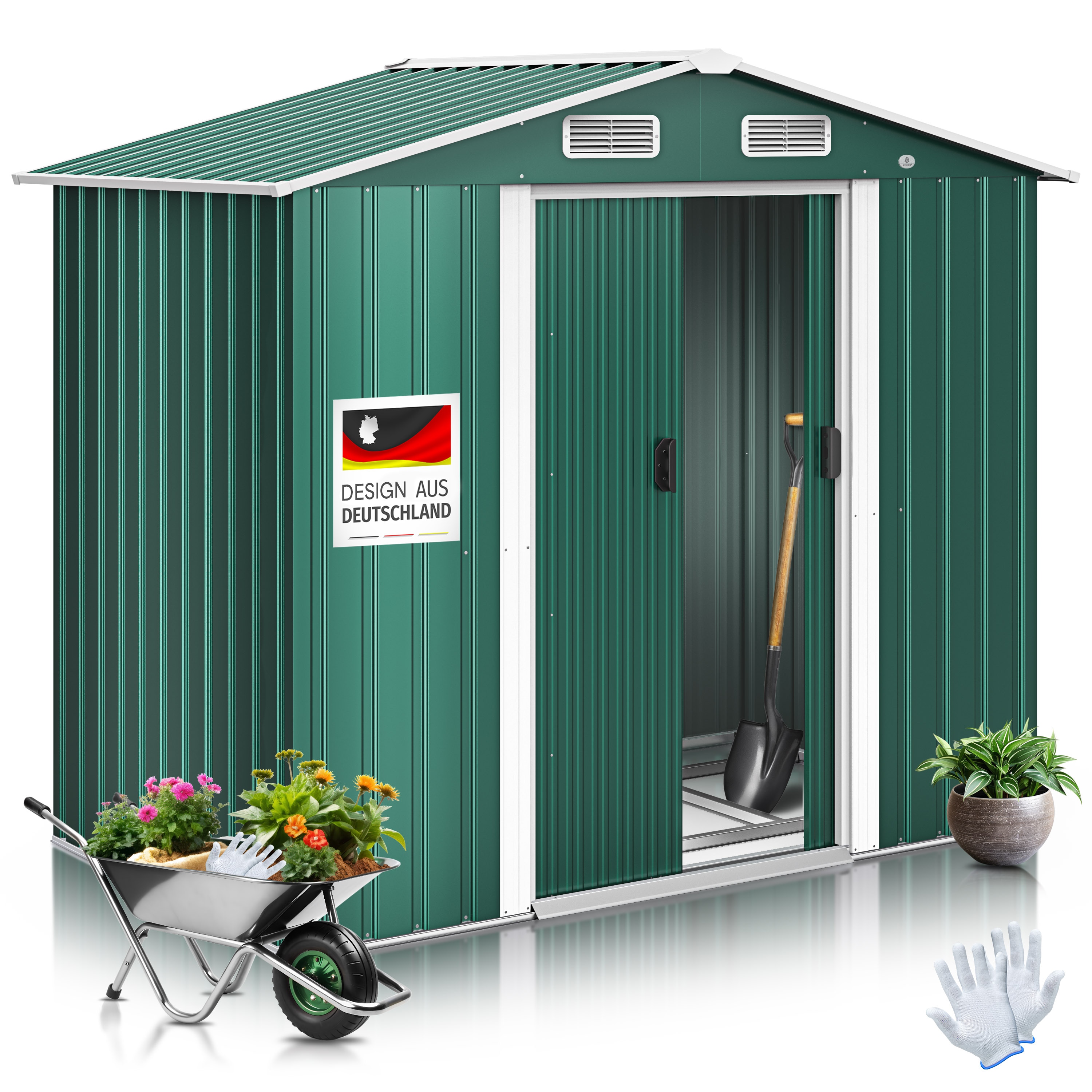 KESSER&reg; XL Metall Ger&auml;tehaus 4,2m&sup3; mit Fundament | inkl. Arbeitshandschuhe | 195x131x186cm |  2x Schiebet&uuml;r & Fundament | Ger&auml;teschuppen | Gartenhaus Schrank | Satteldachdach Garten Schuppen 