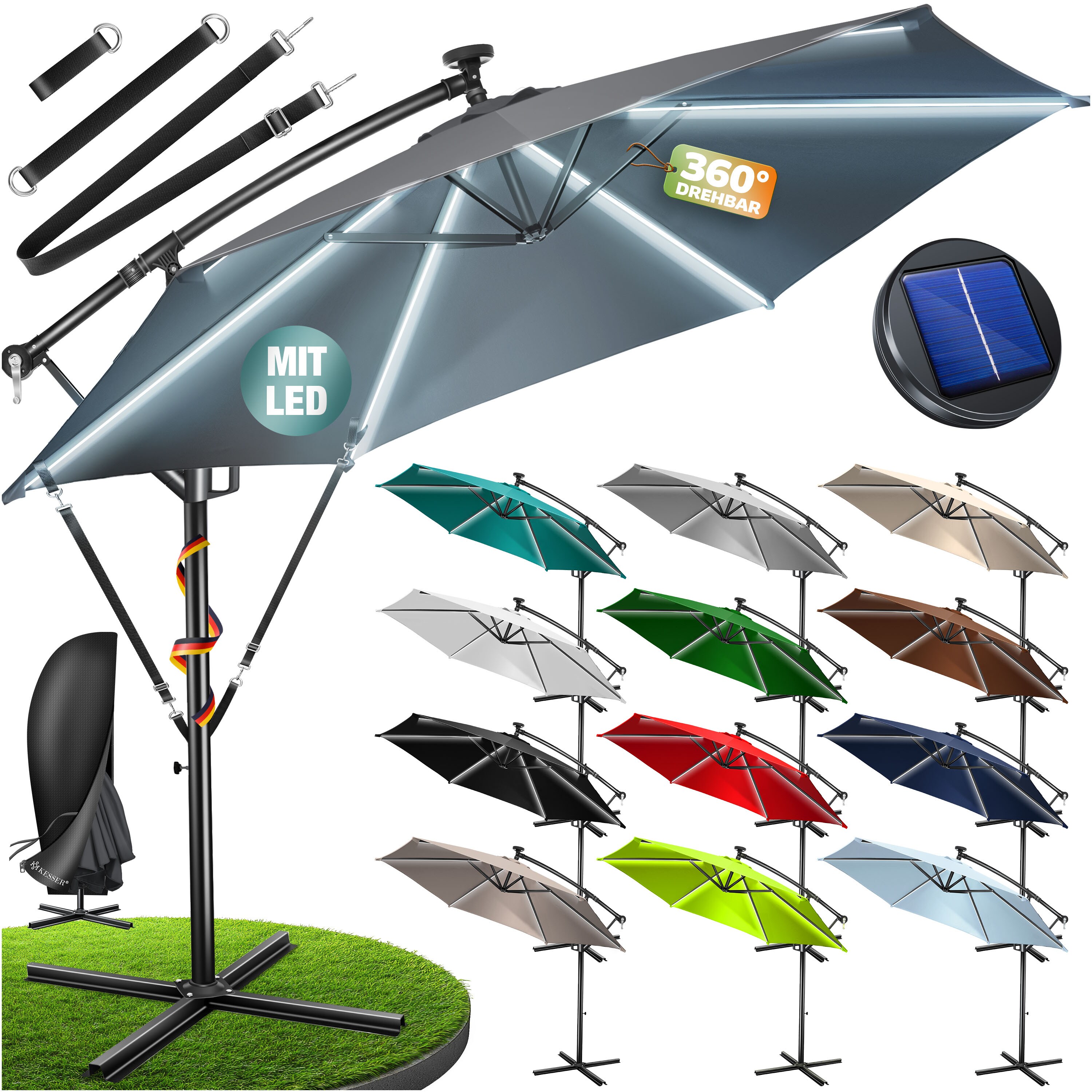 KESSER&reg; Alu Ampelschirm LED Solar + Abdeckung mit Kurbelvorrichtung UV-Schutz Aluminium mit An-/Ausschalter Wasserabweisend - Sonnenschirm Schirm Gartenschirm 