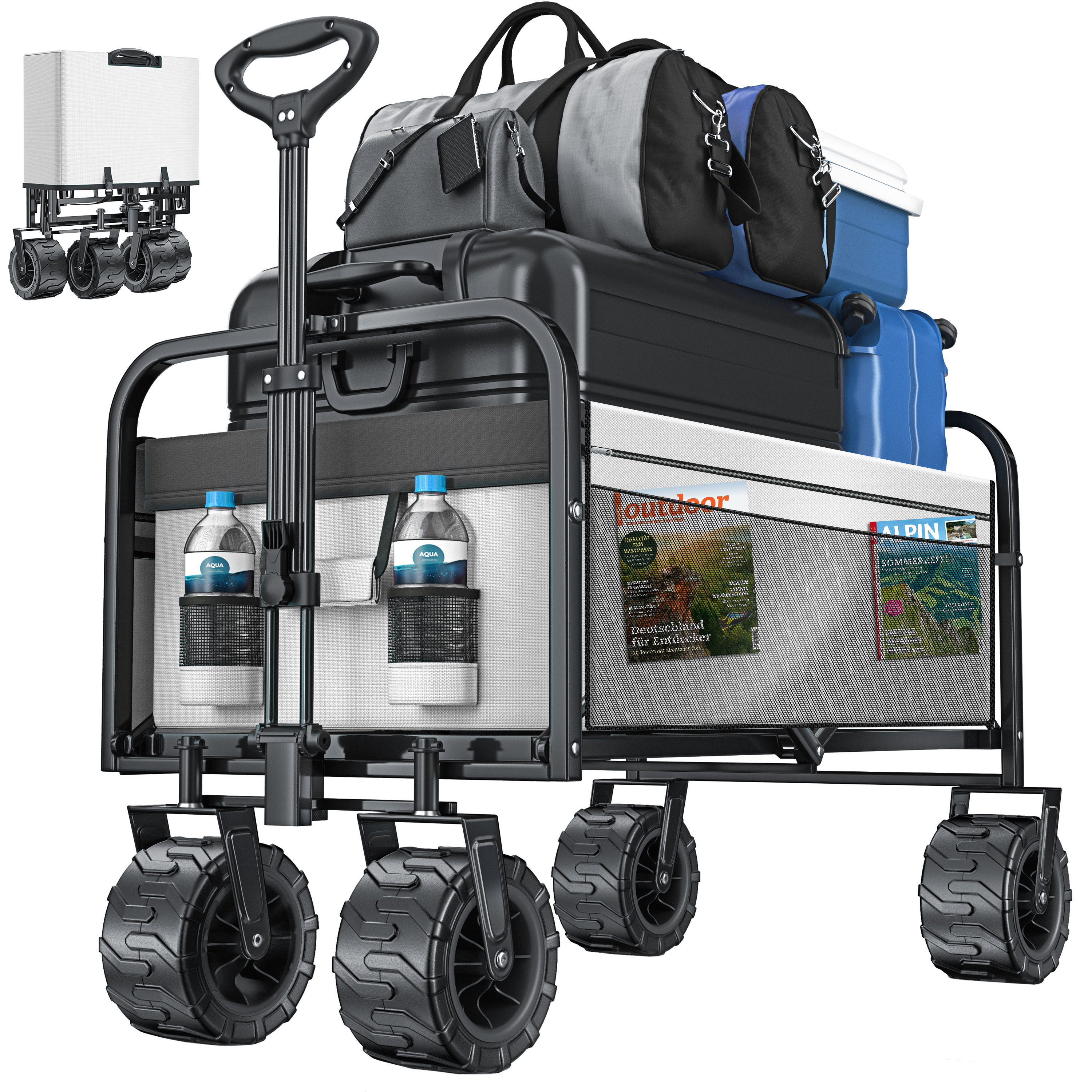 KESSER&reg; Bollerwagen faltbar mit Breite Reifen Handwagen Transportkarre Ger&auml;tewagen | inkl. 2 Netztaschen | klappbar | Kunststoff-Reifen | bis 150 kg Tragkraft transportwagen Gartenanh&auml;nger 