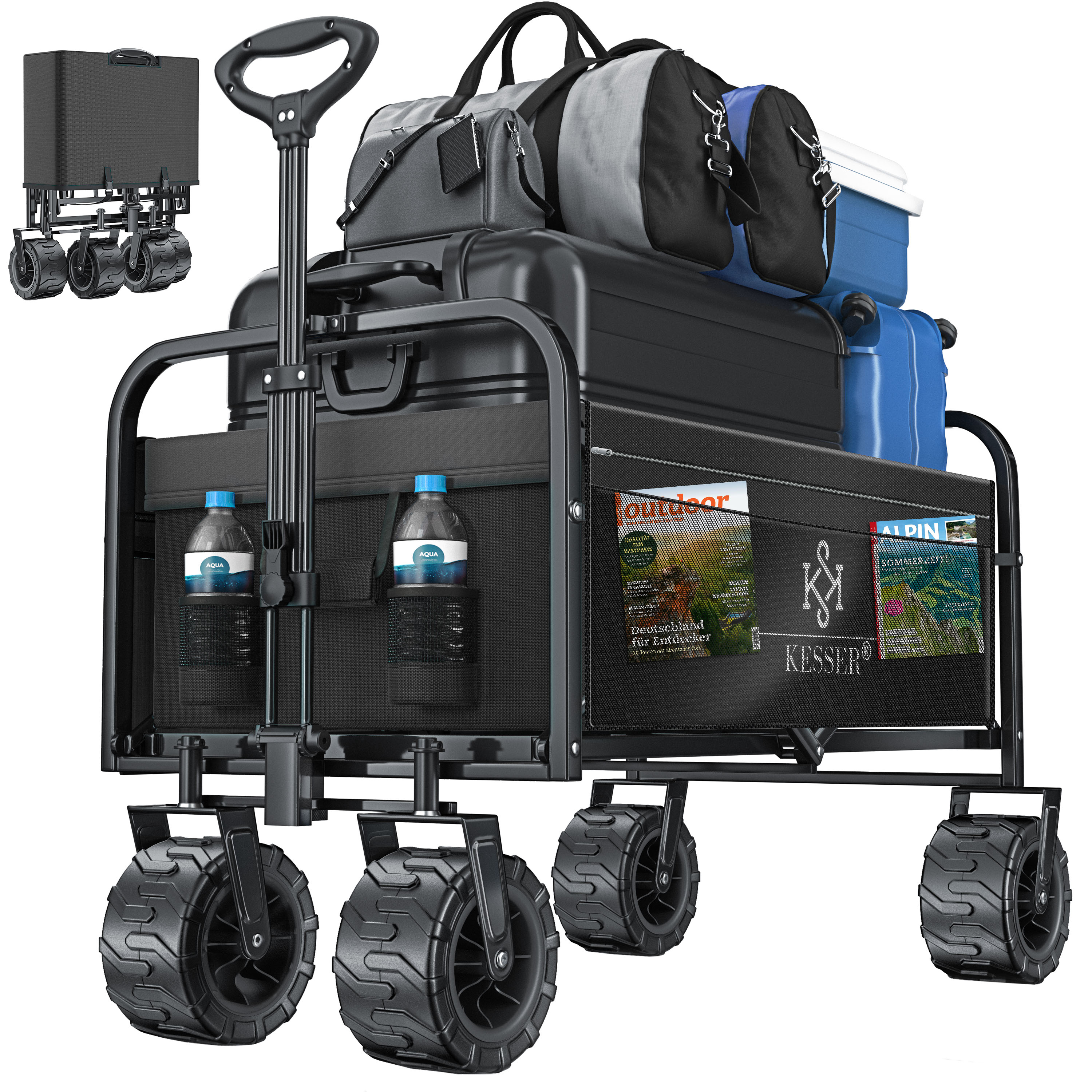 KESSER&reg; Bollerwagen faltbar mit Breite Reifen Handwagen Transportkarre Ger&auml;tewagen | inkl. 2 Netztaschen | klappbar | Kunststoff-Reifen | bis 150 kg Tragkraft transportwagen Gartenanh&auml;nger 