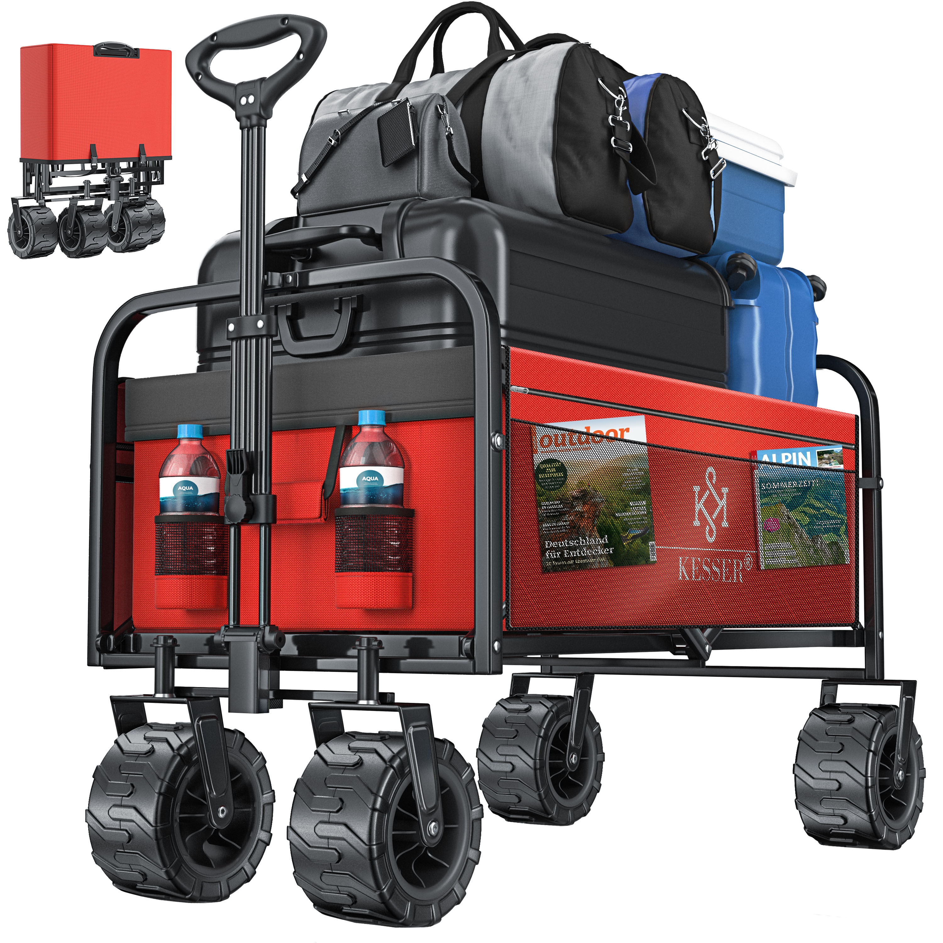 KESSER&reg; Bollerwagen faltbar mit Breite Reifen Handwagen Transportkarre Ger&auml;tewagen | inkl. 2 Netztaschen | klappbar | Kunststoff-Reifen | bis 150 kg Tragkraft transportwagen Gartenanh&auml;nger 
