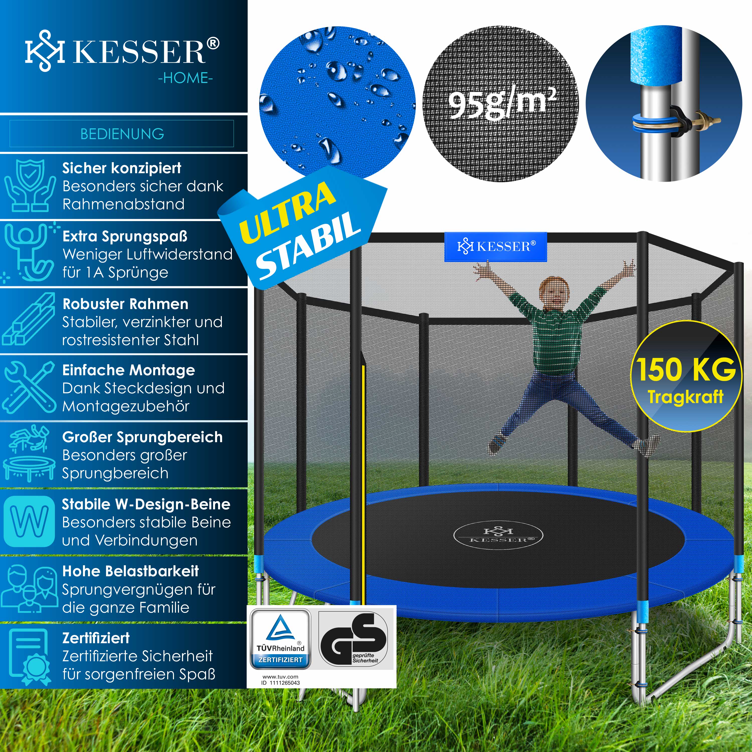 KESSER&reg; - Trampolin  | T&Uuml;V Rheinland GS Zertifiziert | Komplettset mit Sicherheitsnetz, Leiter,  Randabdeckung, Seitentasche & Zubeh&ouml;r | Kindertrampolin Gartentrampolin Belastbarkeit 150 kg 