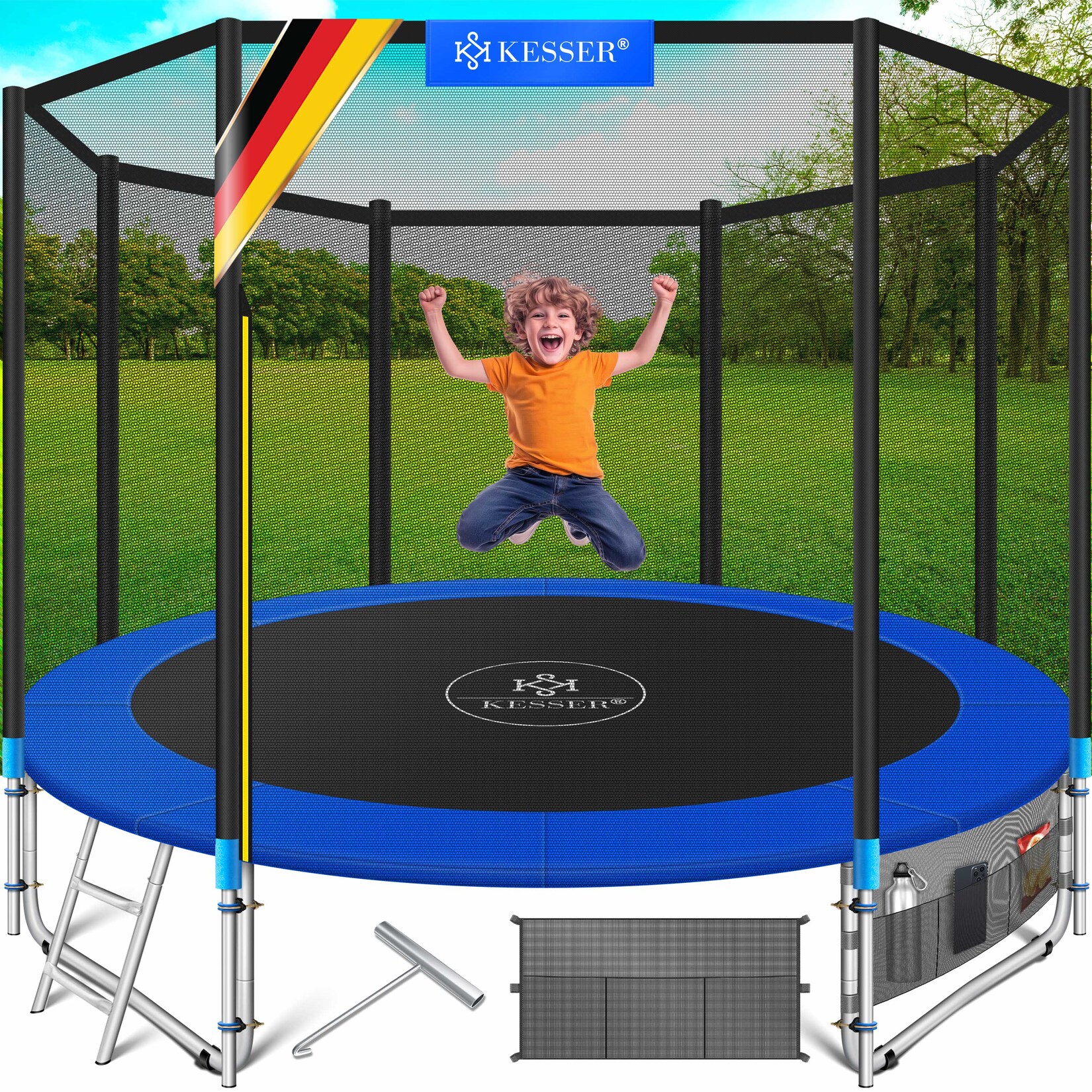 ® - Trampolin    TÜV Rheinland GS Zertifiziert   Komplettset mit Sicherheitsnetz, Leiter,  Randabdeckung, Seitentasche & Zubehör   Kindertrampolin Gartentrampolin Belastbarkeit