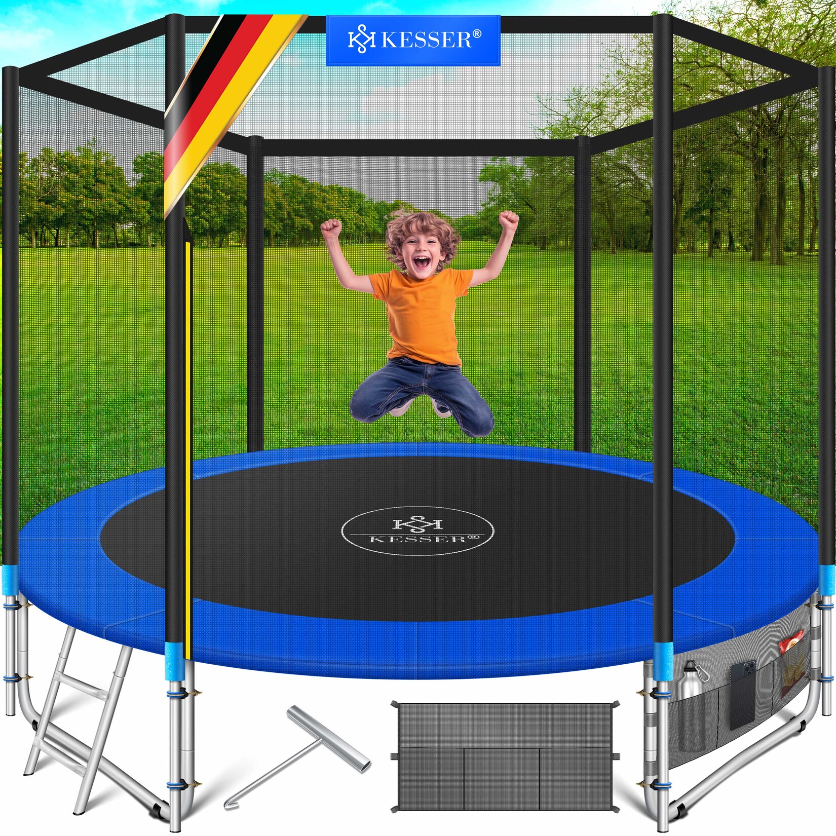 ® - Trampolin    TÜV Rheinland GS Zertifiziert   Komplettset mit Sicherheitsnetz, Leiter,  Randabdeckung, Seitentasche & Zubehör   Kindertrampolin Gartentrampolin Belastbarkeit