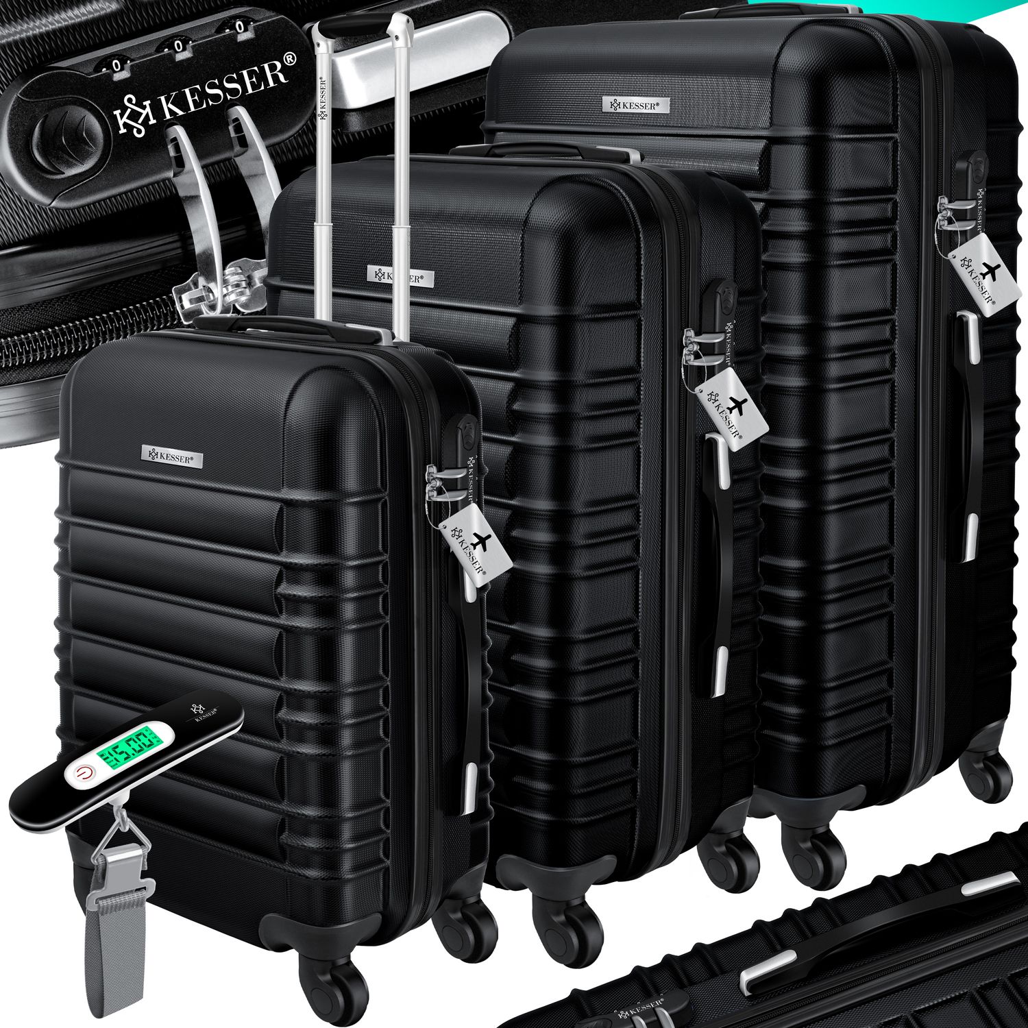 KESSER&reg; 3tlg. Hartschalenkofferset Hartschalenkoffer Reisekoffer Set Reisekofferset Trolley Koffer Inkl. Kofferwaage + Gep&auml;ckanh&auml;nger Rollkoffer Schloss 4 Rollen ABS-Hartschale Teleskopgriff M-L-XL 