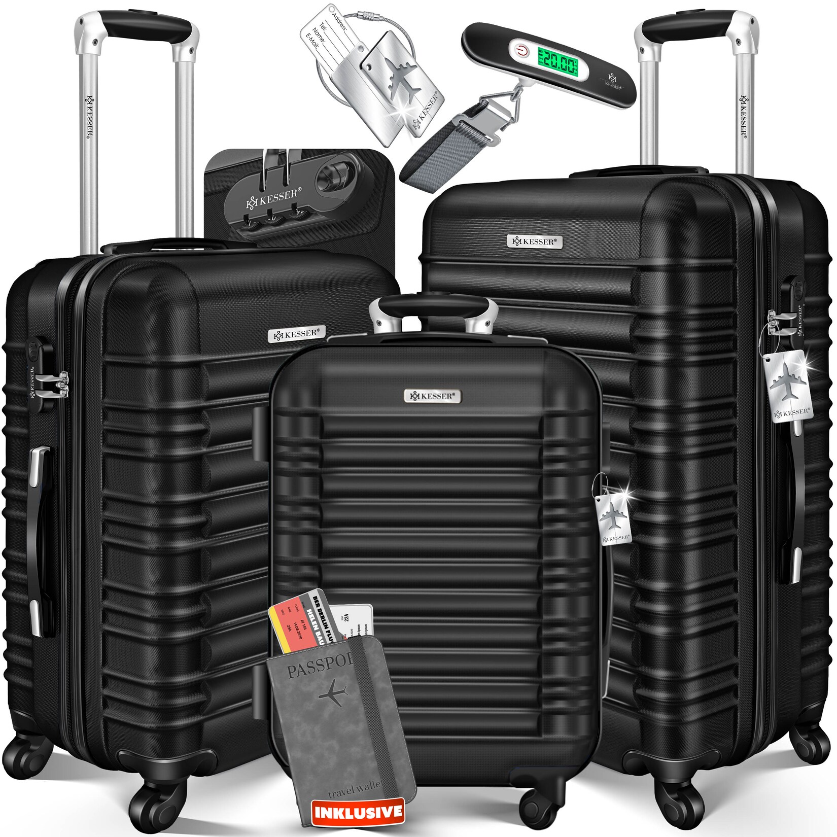 ® 3tlg. Hartschalenkofferset Hartschalenkoffer Reisekoffer Set Reisekofferset Trolley Koffer Inkl. Kofferwaage + Gepäckanhänger Rollkoffer Schloss 4 Rollen ABS-Hartschale Teleskopgriff M-L-XL