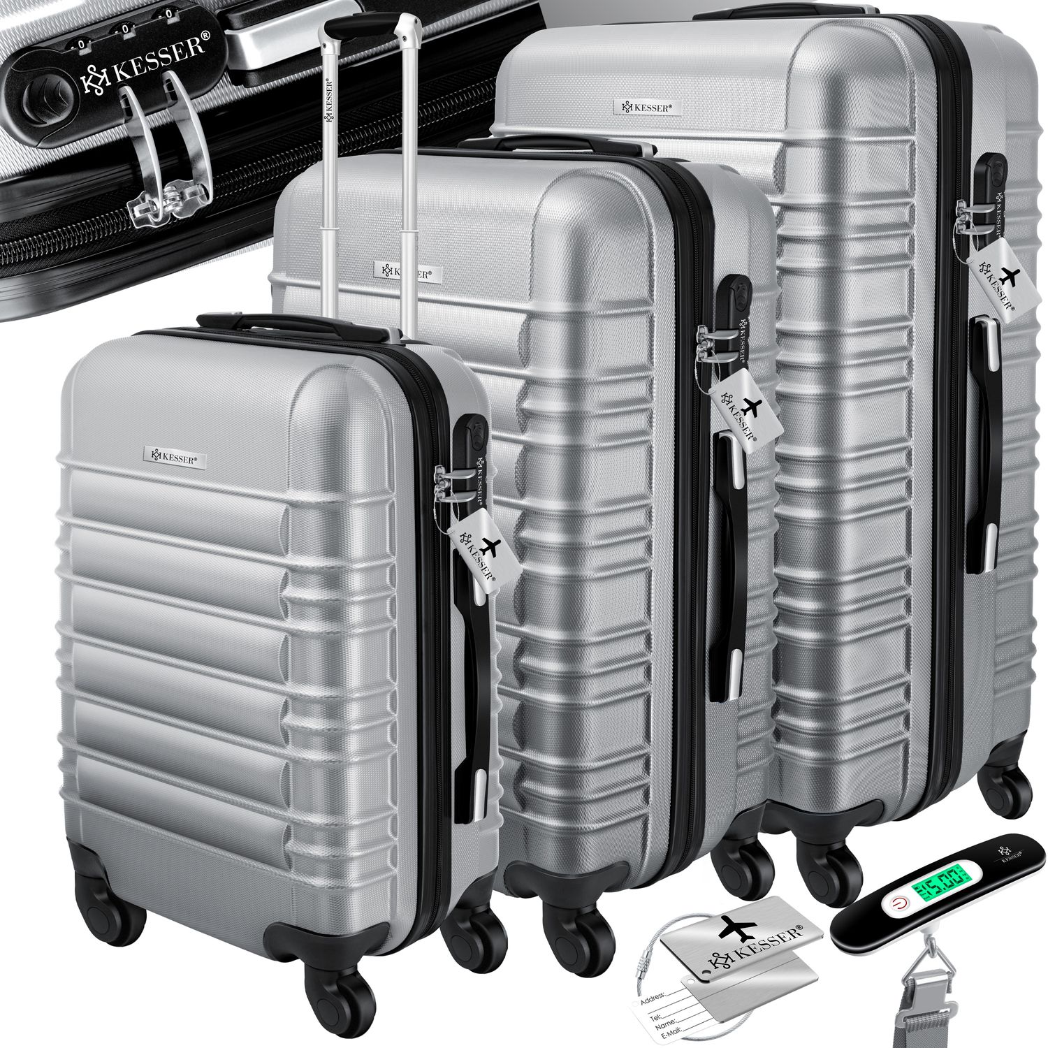 KESSER&reg; 3tlg. Hartschalenkofferset Hartschalenkoffer Reisekoffer Set Reisekofferset Trolley Koffer Inkl. Kofferwaage + Gep&auml;ckanh&auml;nger Rollkoffer Schloss 4 Rollen ABS-Hartschale Teleskopgriff M-L-XL 
