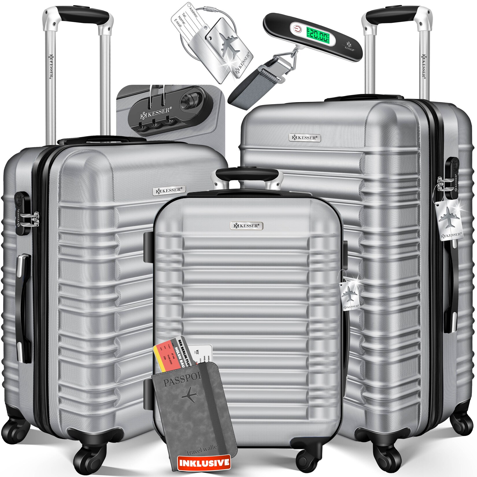 ® 3tlg. Hartschalenkofferset Hartschalenkoffer Reisekoffer Set Reisekofferset Trolley Koffer Inkl. Kofferwaage + Gepäckanhänger Rollkoffer Schloss 4 Rollen ABS-Hartschale Teleskopgriff M-L-XL