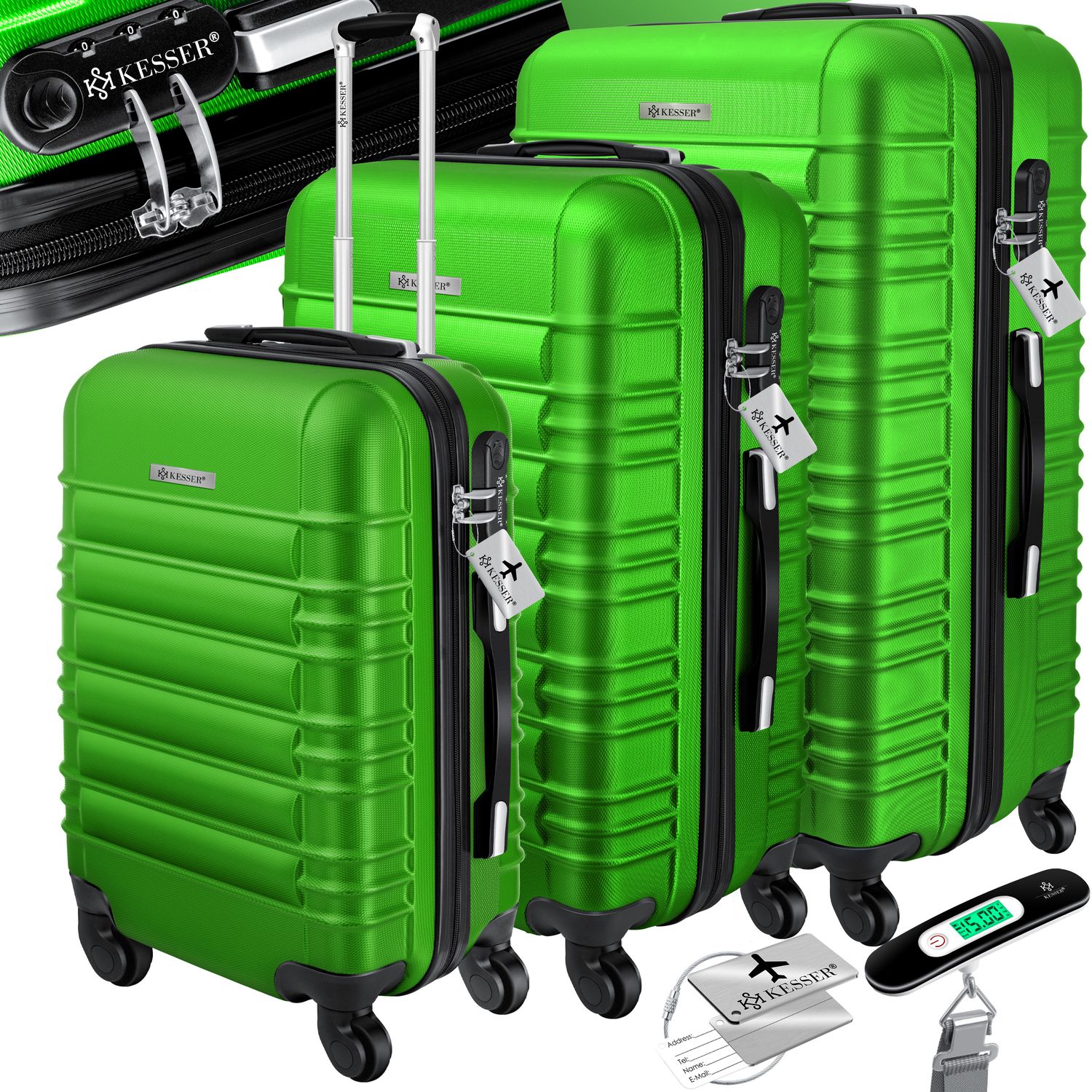 KESSER&reg; 3tlg. Hartschalenkofferset Hartschalenkoffer Reisekoffer Set Reisekofferset Trolley Koffer Inkl. Kofferwaage + Gep&auml;ckanh&auml;nger Rollkoffer Schloss 4 Rollen ABS-Hartschale Teleskopgriff M-L-XL 