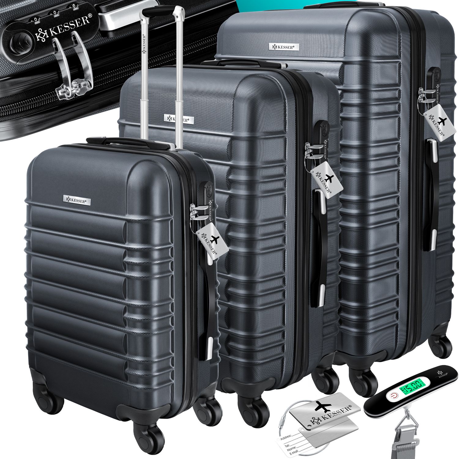 KESSER&reg; 3tlg. Hartschalenkofferset Hartschalenkoffer Reisekoffer Set Reisekofferset Trolley Koffer Inkl. Kofferwaage + Gep&auml;ckanh&auml;nger Rollkoffer Schloss 4 Rollen ABS-Hartschale Teleskopgriff M-L-XL 
