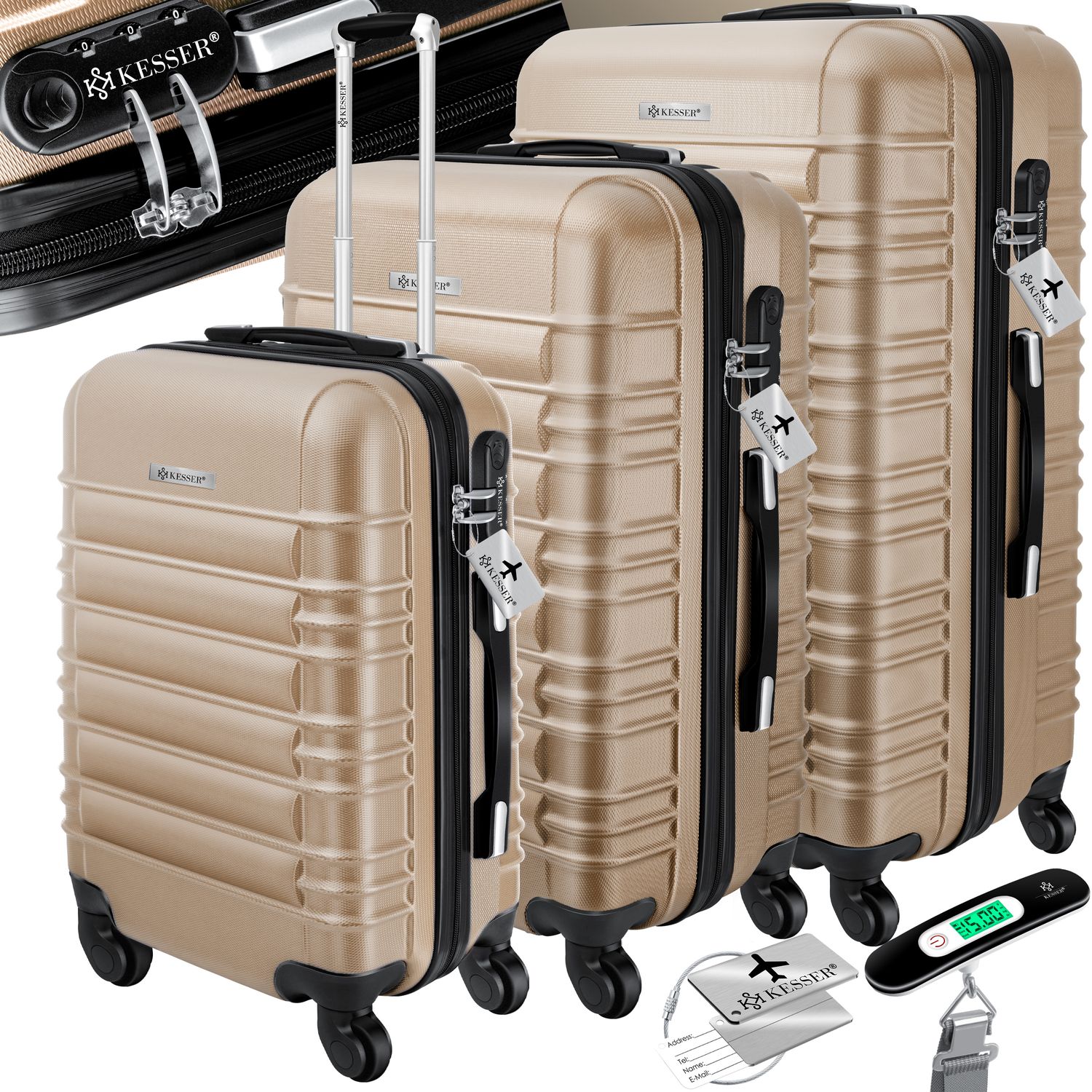KESSER&reg; 3tlg. Hartschalenkofferset Hartschalenkoffer Reisekoffer Set Reisekofferset Trolley Koffer Inkl. Kofferwaage + Gep&auml;ckanh&auml;nger Rollkoffer Schloss 4 Rollen ABS-Hartschale Teleskopgriff M-L-XL 