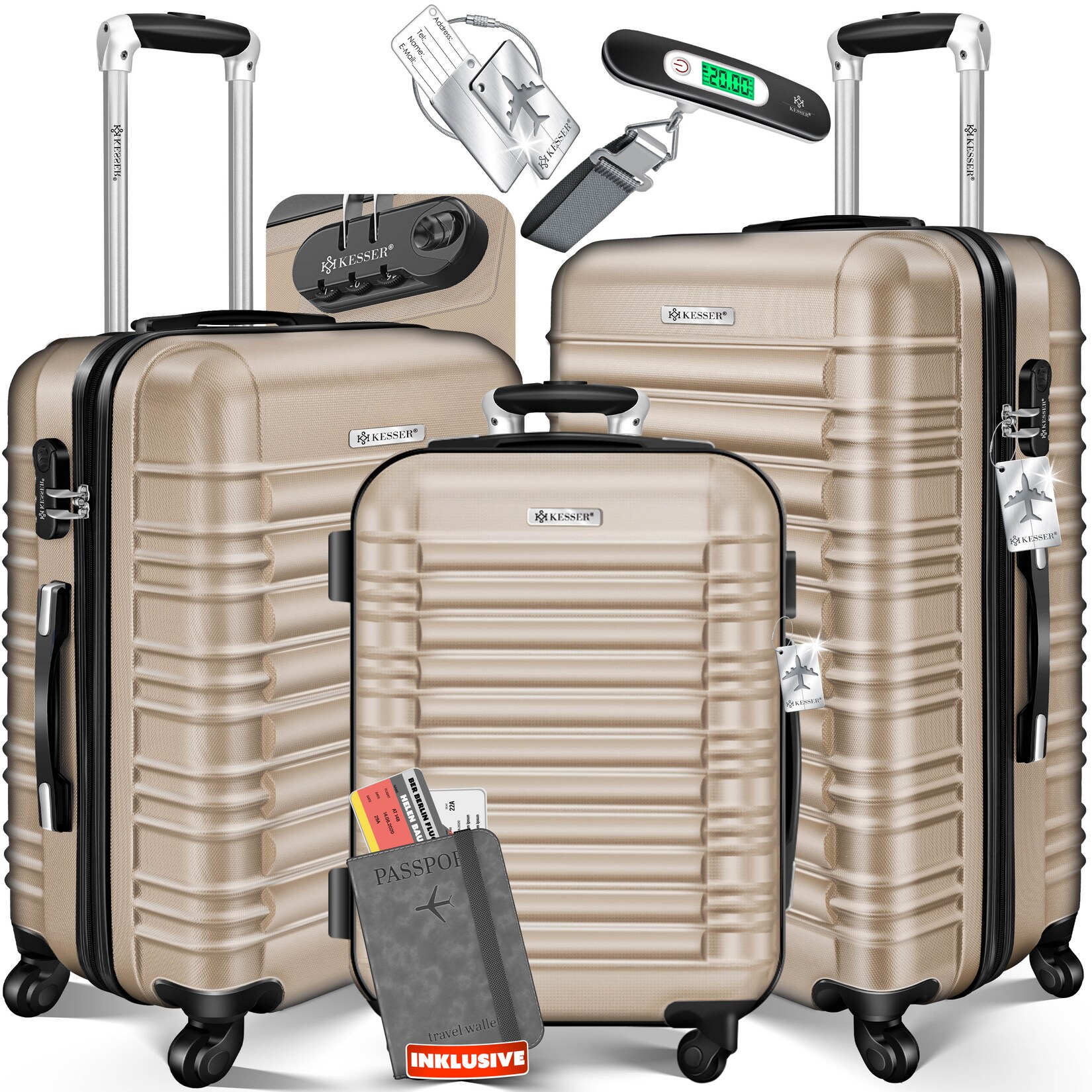 ® 3tlg. Hartschalenkofferset Hartschalenkoffer Reisekoffer Set Reisekofferset Trolley Koffer Inkl. Kofferwaage + Gepäckanhänger Rollkoffer Schloss 4 Rollen ABS-Hartschale Teleskopgriff M-L-XL