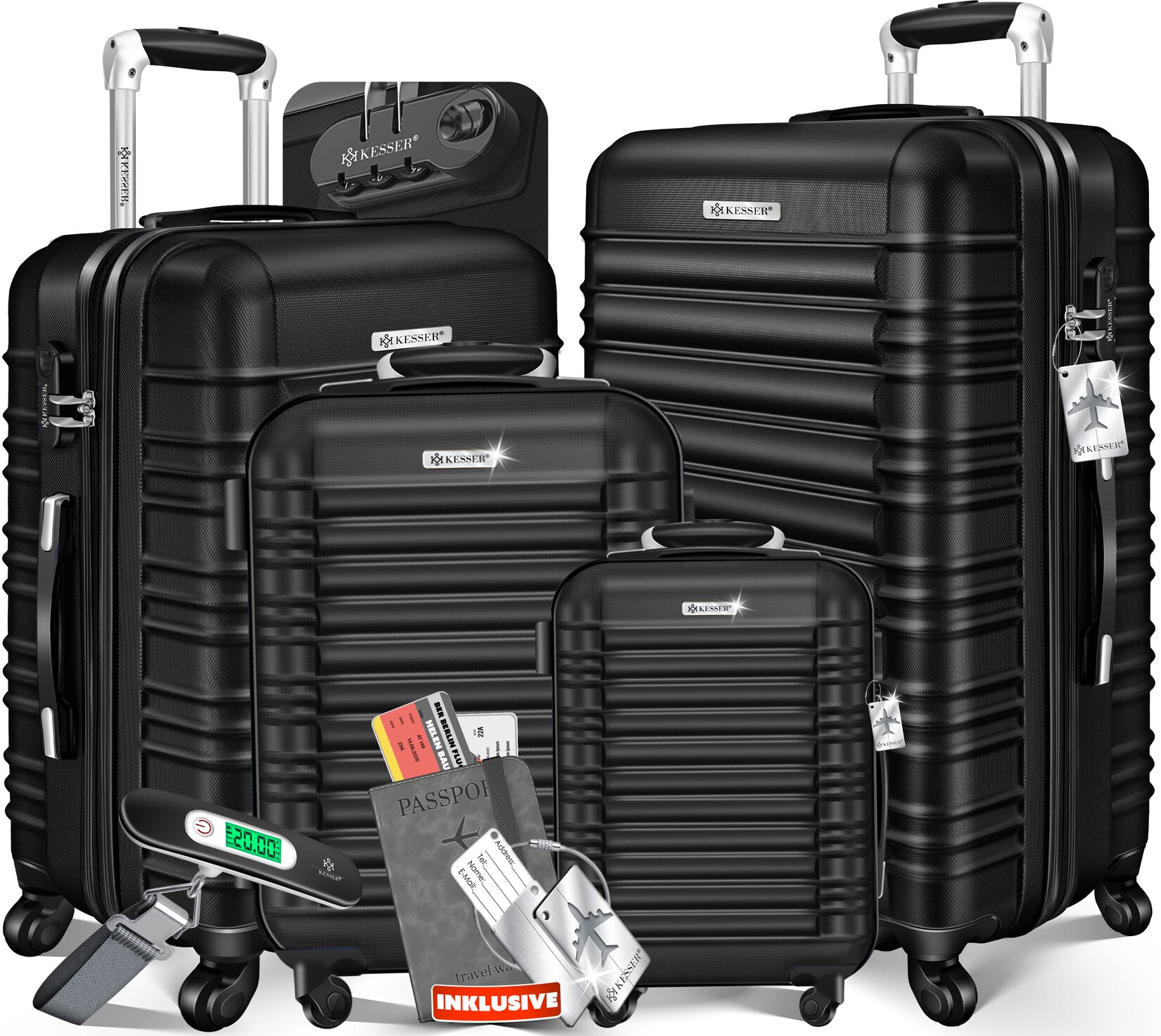 ® 4tlg. Hartschalenkofferset Hartschalenkoffer Reisekoffer Set Reisekofferset Trolley Koffer Inkl. Kofferwaage + Gepäckanhänger Rollkoffer Schloss 4 Rollen ABS-Hartschale Teleskopgriff S-M-L-XL