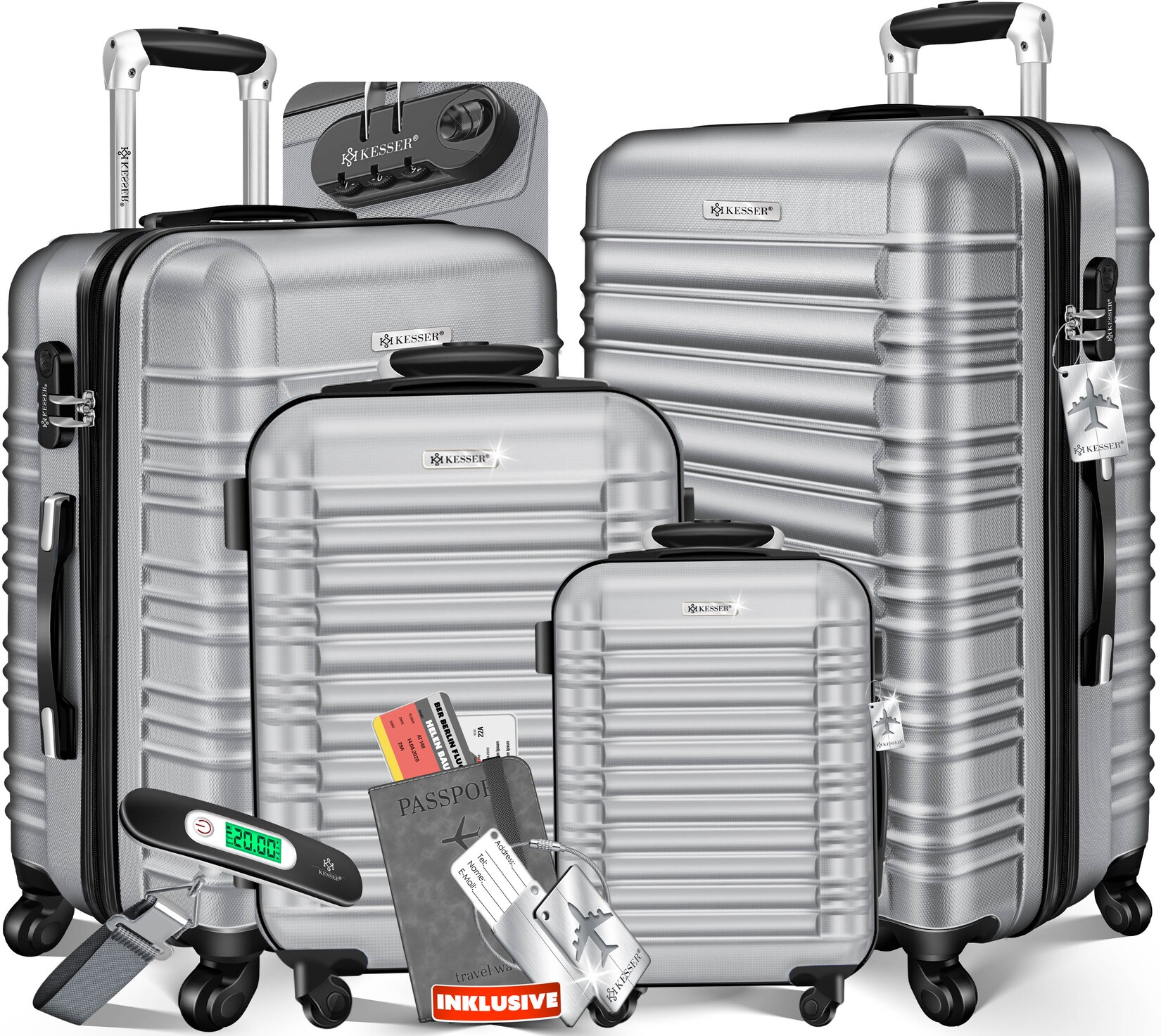 ® 4tlg. Hartschalenkofferset Hartschalenkoffer Reisekoffer Set Reisekofferset Trolley Koffer Inkl. Kofferwaage + Gepäckanhänger Rollkoffer Schloss 4 Rollen ABS-Hartschale Teleskopgriff S-M-L-XL