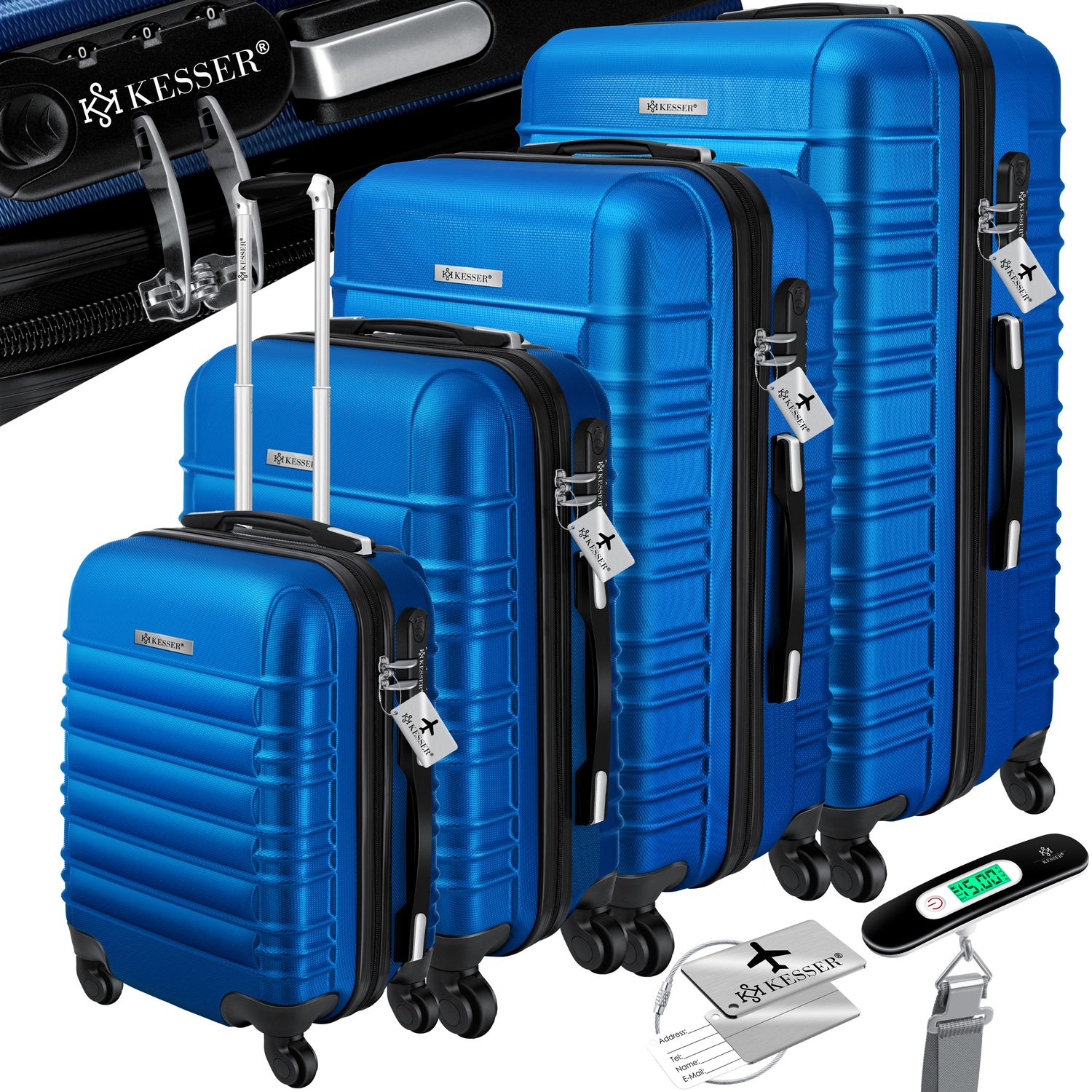 KESSER&reg; 4tlg. Hartschalenkofferset Hartschalenkoffer Reisekoffer Set Reisekofferset Trolley Koffer Inkl. Kofferwaage + Gep&auml;ckanh&auml;nger Rollkoffer Schloss 4 Rollen ABS-Hartschale Teleskopgriff S-M-L-XL 