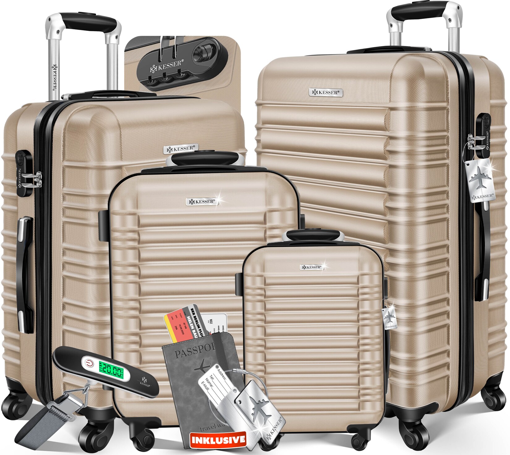 ® 4tlg. Hartschalenkofferset Hartschalenkoffer Reisekoffer Set Reisekofferset Trolley Koffer Inkl. Kofferwaage + Gepäckanhänger Rollkoffer Schloss 4 Rollen ABS-Hartschale Teleskopgriff S-M-L-XL