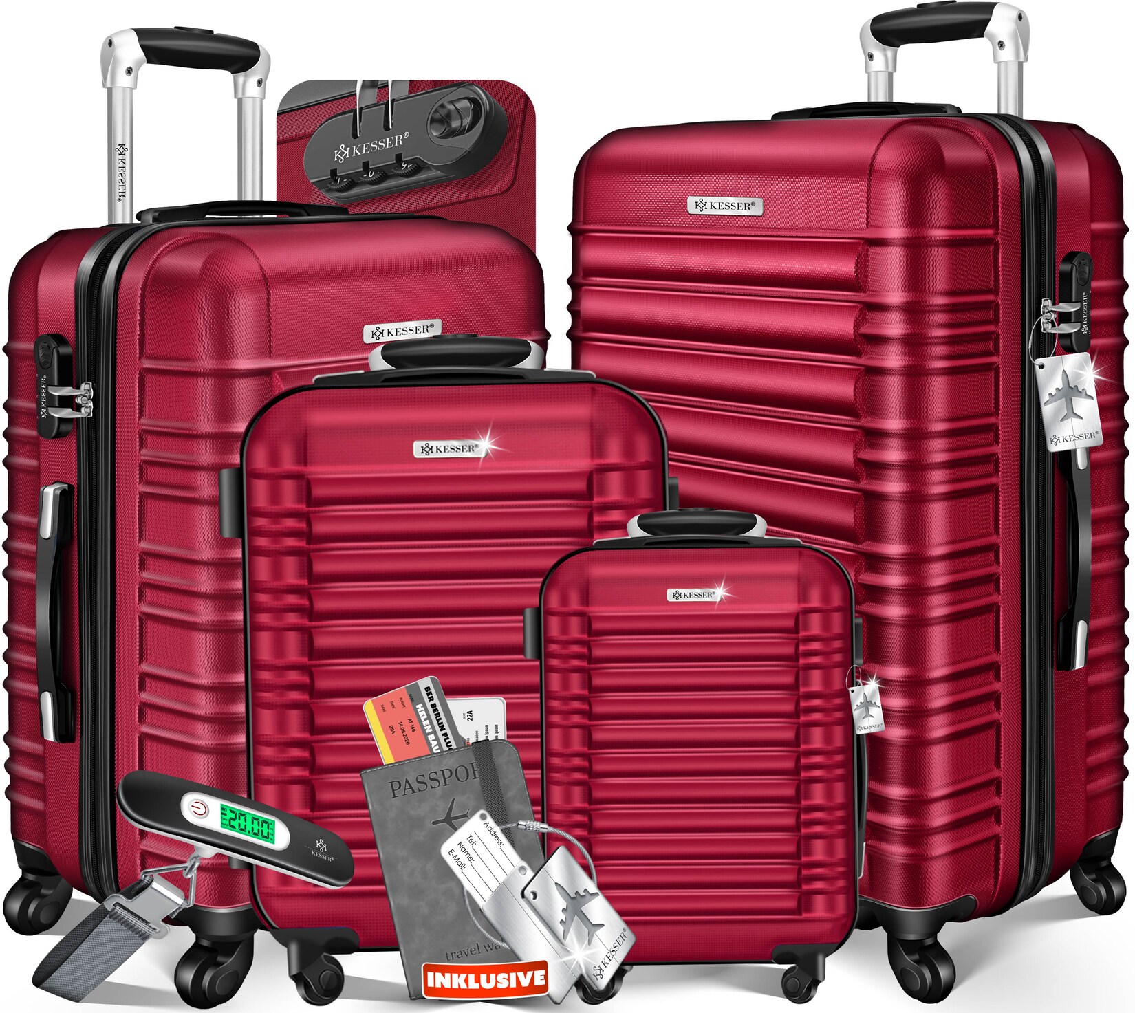 ® 4tlg. Hartschalenkofferset Hartschalenkoffer Reisekoffer Set Reisekofferset Trolley Koffer Inkl. Kofferwaage + Gepäckanhänger Rollkoffer Schloss 4 Rollen ABS-Hartschale Teleskopgriff S-M-L-XL
