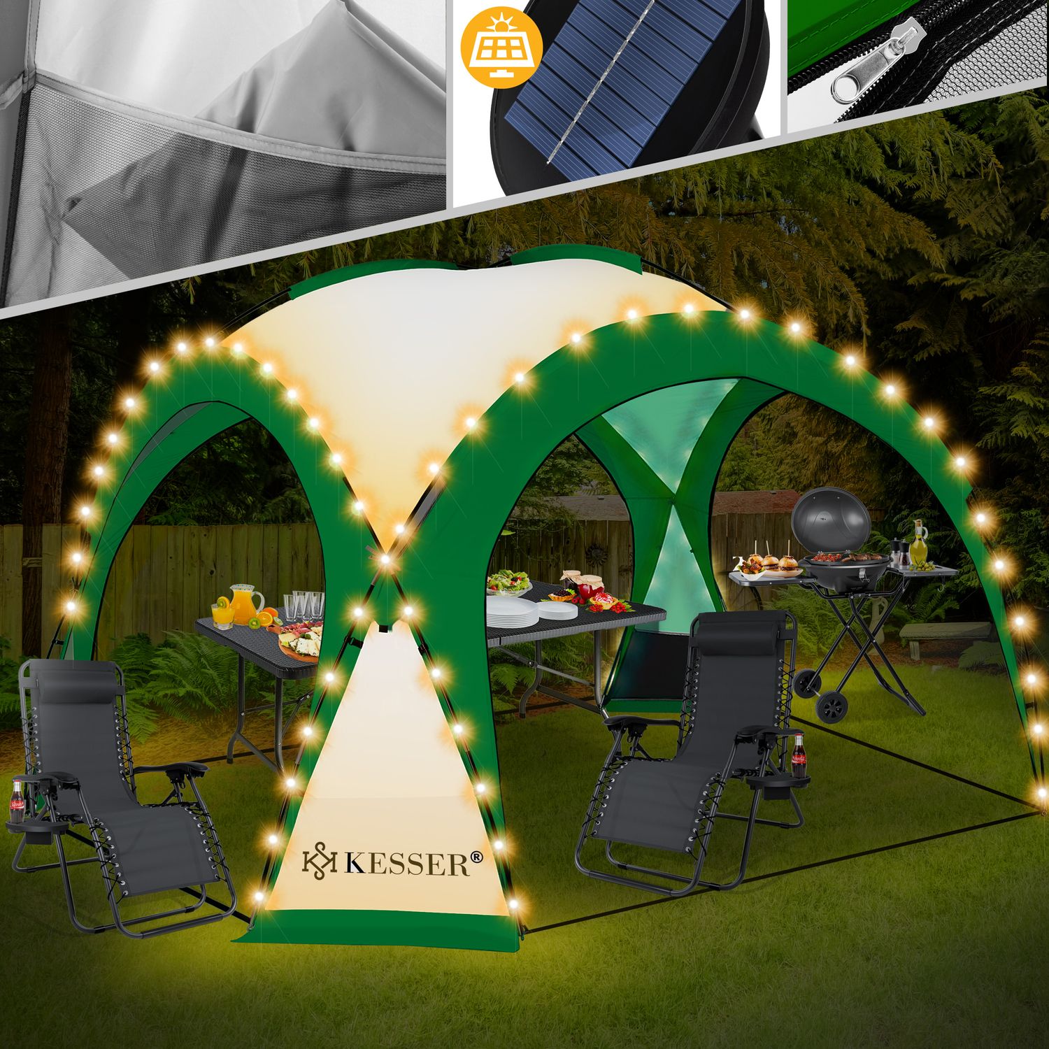 KESSER&reg; LED Event Pavillon inkl. Solarmodul Designer Dome Gartenzelt 3,6 x 3,6m Camping Garten Partyzelt Eventzelt Festzelt Eventpavillon mit Beleuchtung wasserabweisend UV-Schutz Strandzelt 