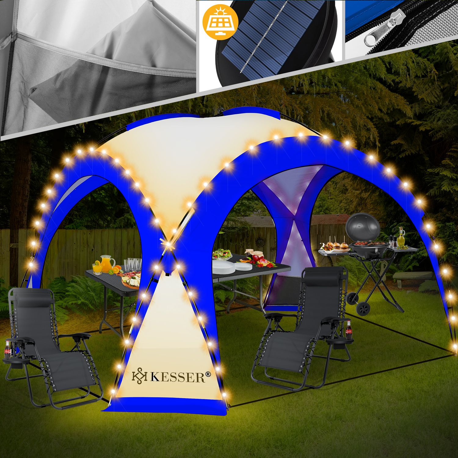 KESSER&reg; LED Event Pavillon inkl. Solarmodul Designer Dome Gartenzelt 3,6 x 3,6m Camping Garten Partyzelt Eventzelt Festzelt Eventpavillon mit Beleuchtung wasserabweisend UV-Schutz Strandzelt 