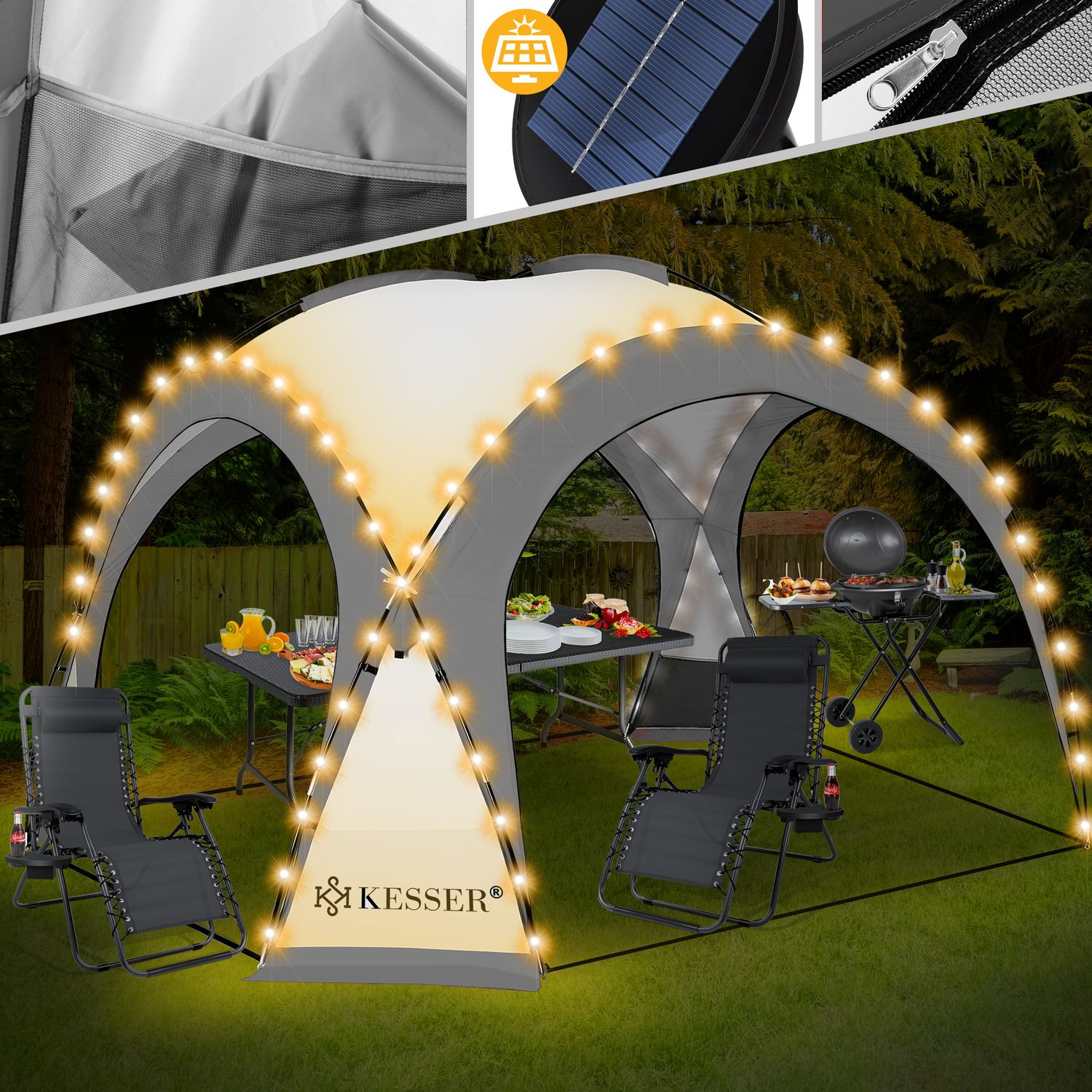 KESSER&reg; LED Event Pavillon inkl. Solarmodul Designer Dome Gartenzelt 3,6 x 3,6m Camping Garten Partyzelt Eventzelt Festzelt Eventpavillon mit Beleuchtung wasserabweisend UV-Schutz Strandzelt 