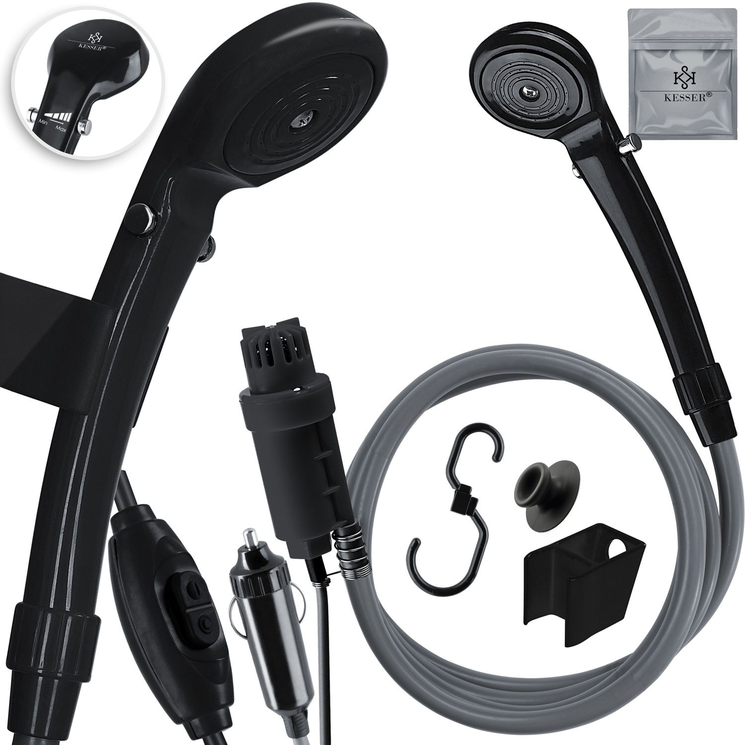 KESSER&reg; Campingdusche mit Tauchpumpe Handbrause 12 V KFZ-Adapter, f&uuml;r Camping Garten - Auto - Outdoor , Hundedusche , Autoreinigung  2m Schlauch Stromkabel 5m Inkl. Aufbewahrungstasche 