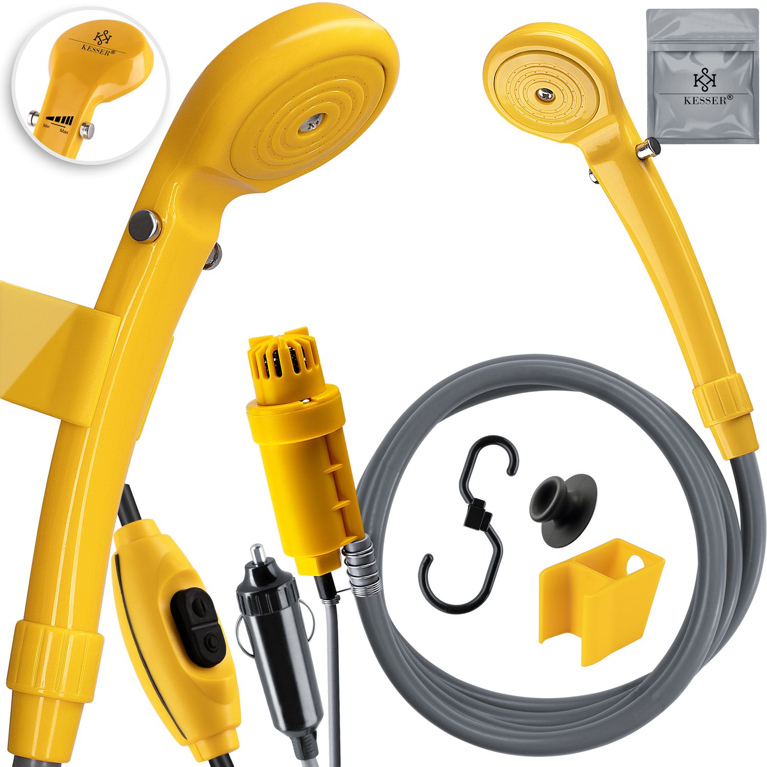 KESSER&reg; Campingdusche mit Tauchpumpe Handbrause 12 V KFZ-Adapter, f&uuml;r Camping Garten - Auto - Outdoor , Hundedusche , Autoreinigung  2m Schlauch Stromkabel 5m Inkl. Aufbewahrungstasche 