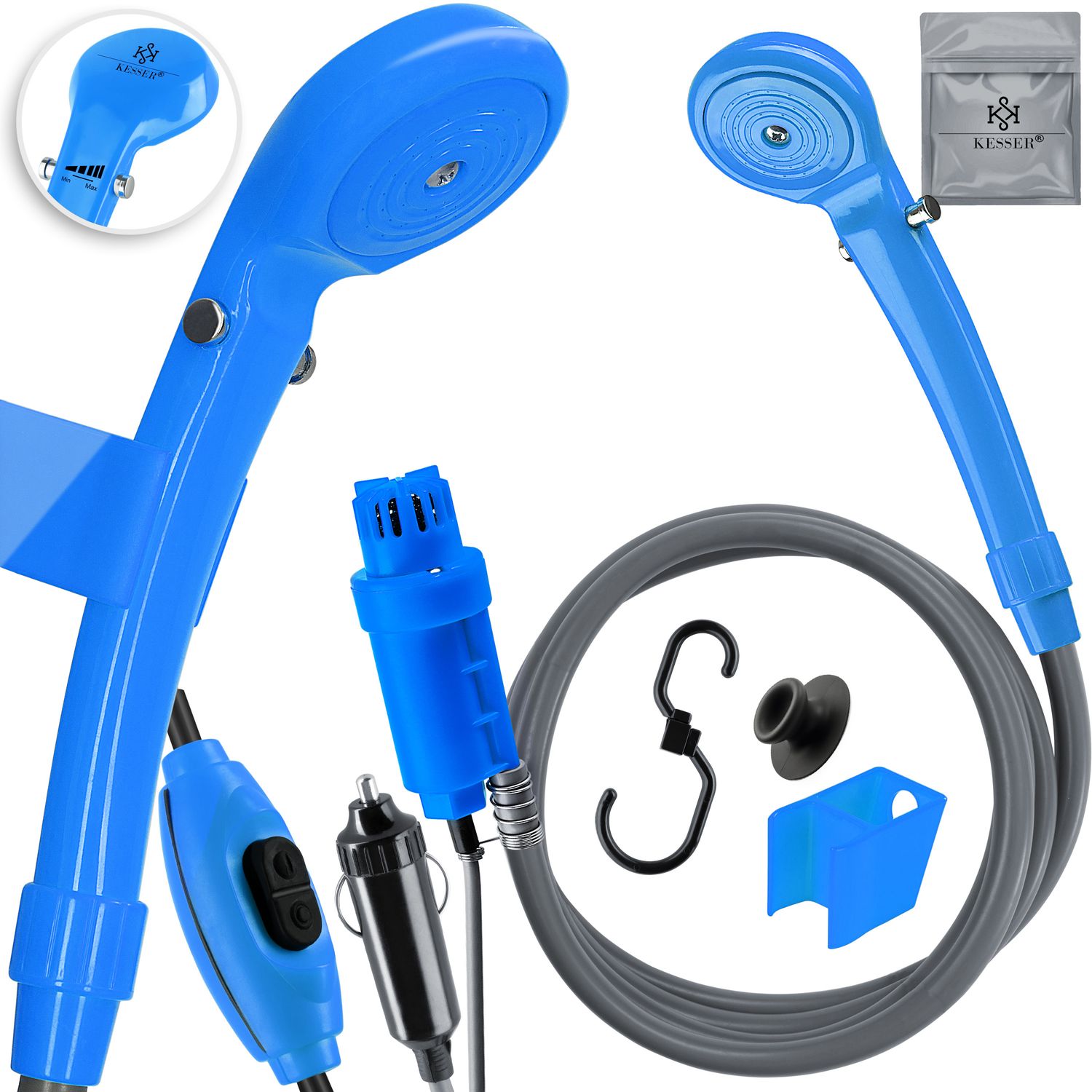 KESSER&reg; Campingdusche mit Tauchpumpe Handbrause 12 V KFZ-Adapter, f&uuml;r Camping Garten - Auto - Outdoor , Hundedusche , Autoreinigung  2m Schlauch Stromkabel 5m Inkl. Aufbewahrungstasche 
