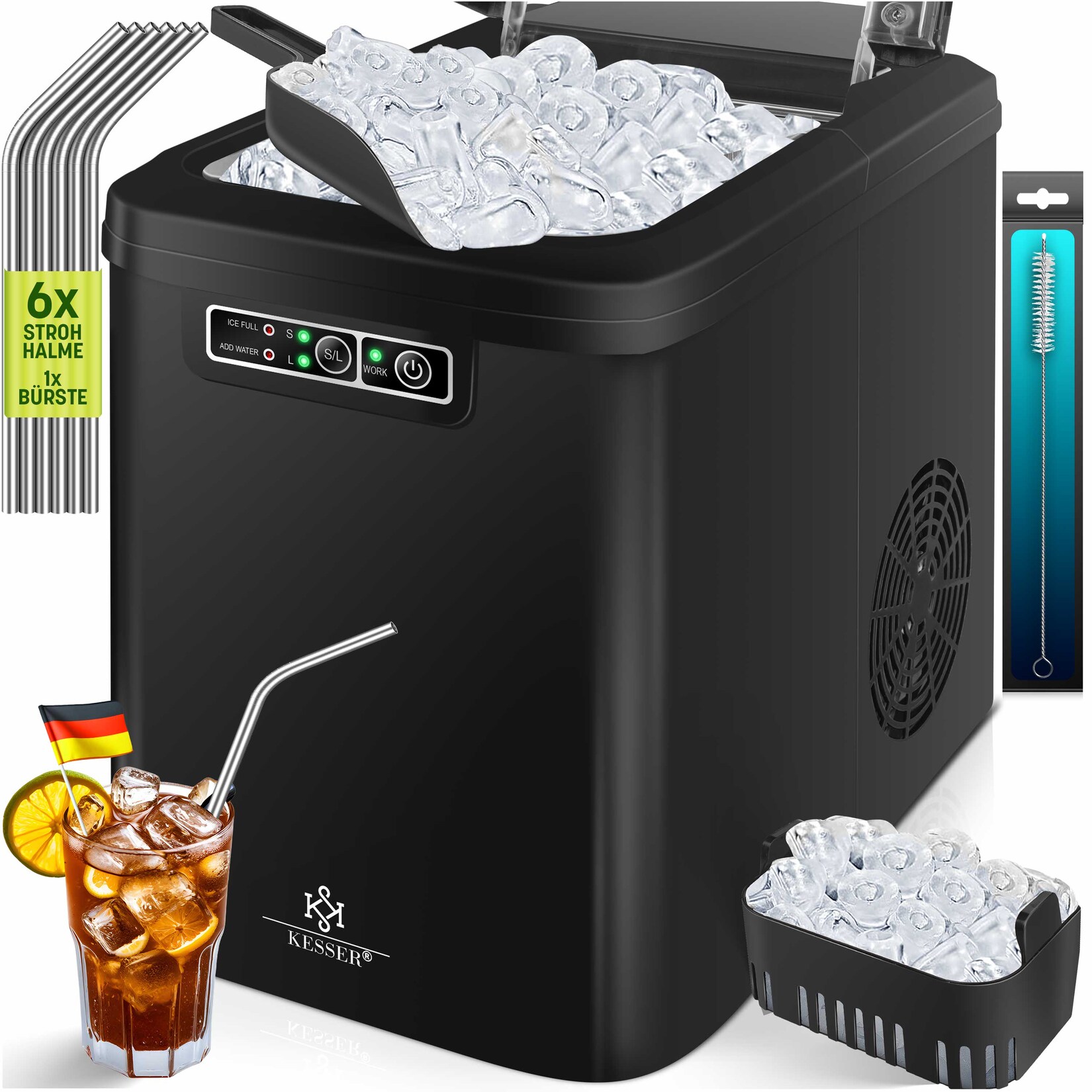® Eiswürfelbereiter   Eiswürfelmaschine Edelstahl   Ice Maker   12 in 24h   Zubereitung in 7 min   2,2 Liter Wassertank   2 Eiswürfel-Größen   LED-Display   Selbstreinigungsfunktion mit Zubehör